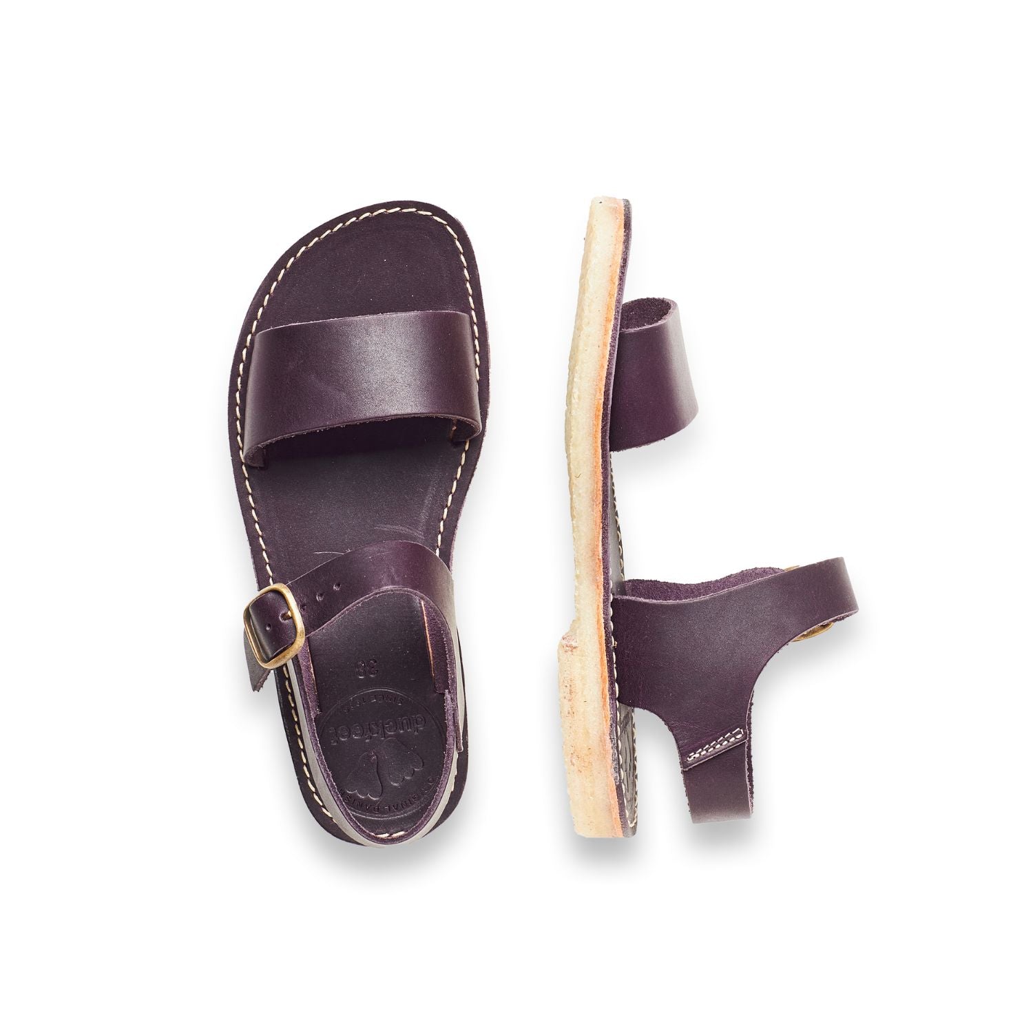 Duckfeet Løkken Plum ankle-strap leather sandal, top and inner side view on white background