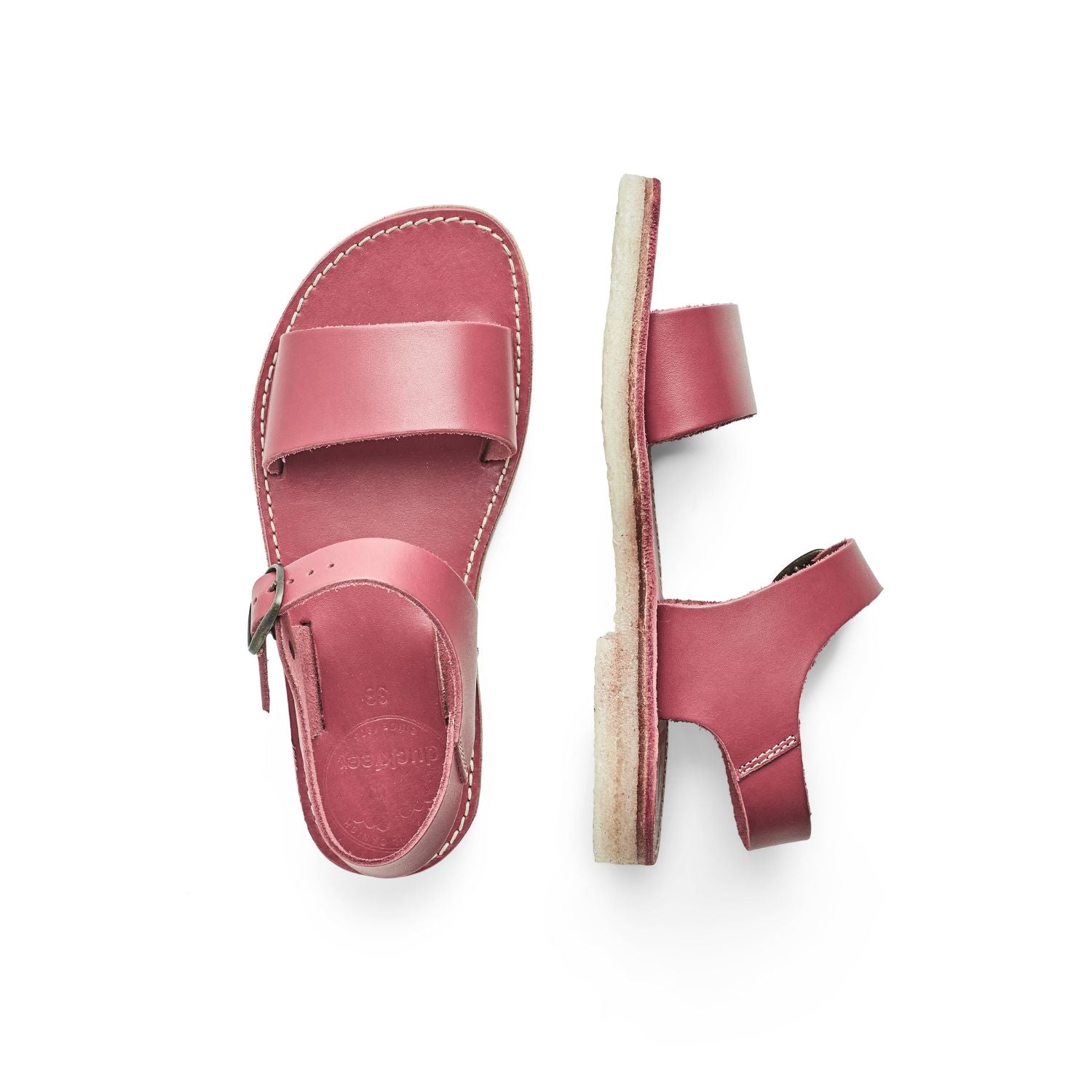 Duckfeet Løkken Pink ankle-strap leather sandal, top and inner side view on white background