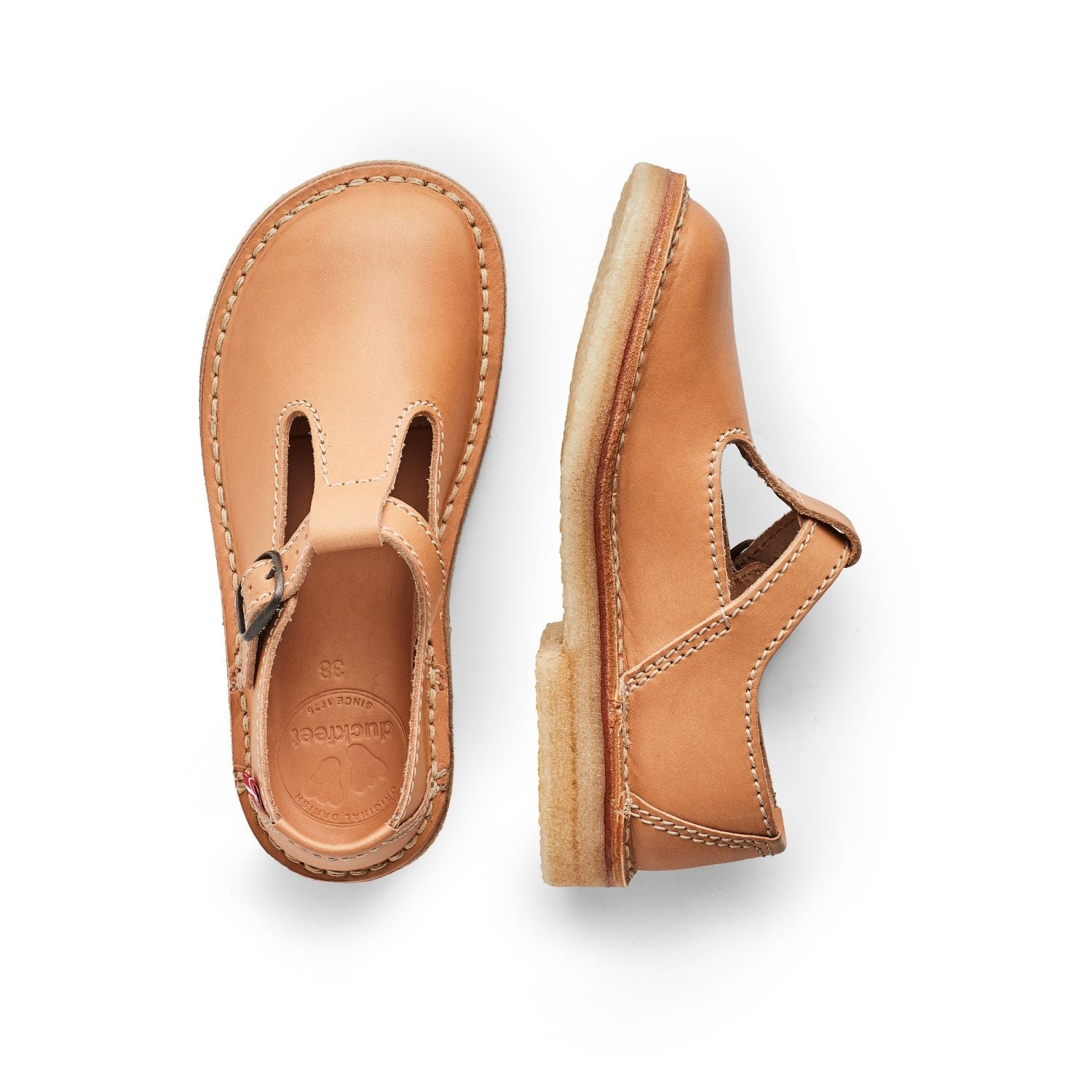 Duckfeet Lolland Bio T-strap leather Mary Jane shoe, top and inner side view on white background