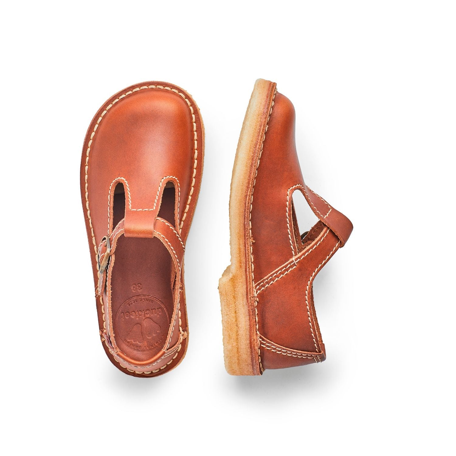 Duckfeet Lolland Brown T-strap leather Mary Jane shoe, top and inner side view on white background