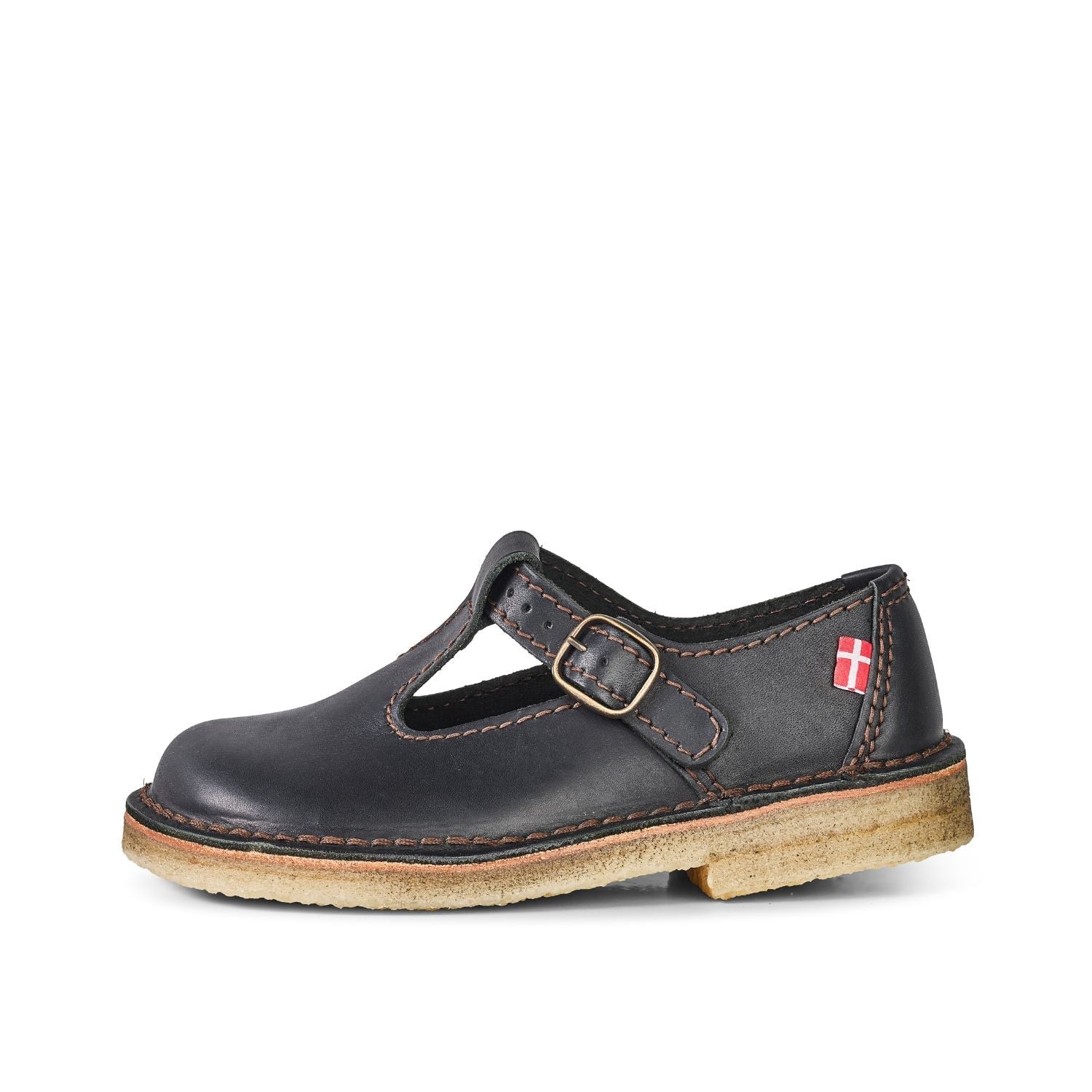 Duckfeet Lolland Black T-strap leather Mary Jane shoe, outer side view on white background