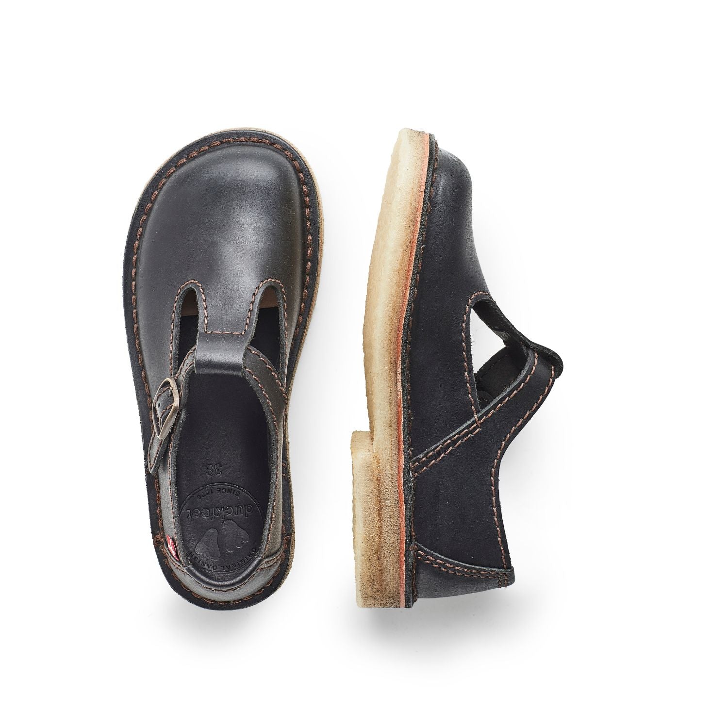 Duckfeet Lolland Black T-strap leather Mary Jane shoe, top and inner side view on white background