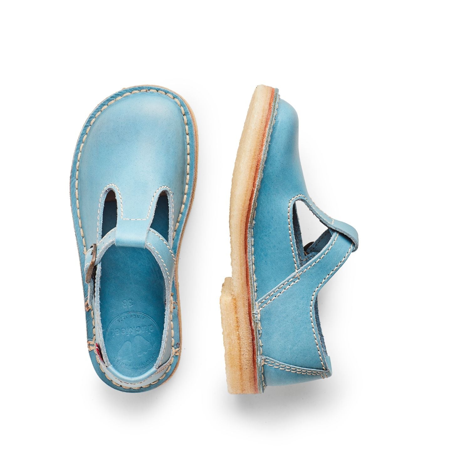 Duckfeet Lolland Jeans T-strap leather Mary Jane shoe, top and inner side view on white background