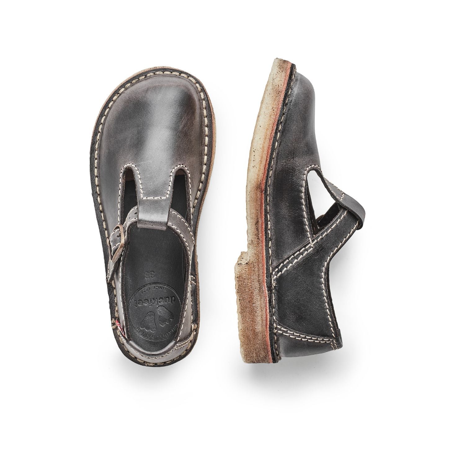 Duckfeet Lolland Slate T-strap leather Mary Jane shoe, top and inner side view on white background