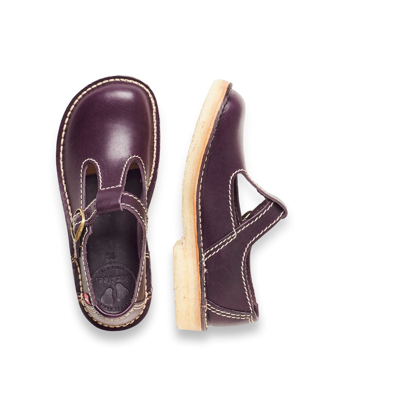 Duckfeet Lolland Plum T-strap leather Mary Jane shoe, top and inner side view on white background