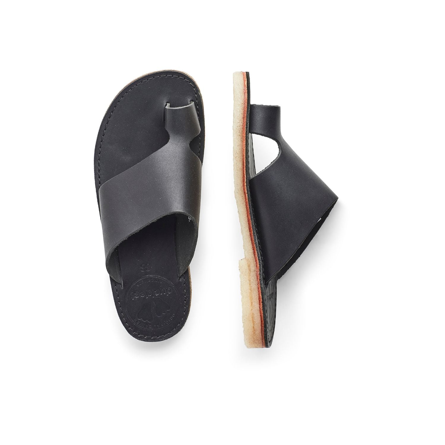 Duckfeet Mandø Black toe-loop leather sandal, top and inner side view on white background