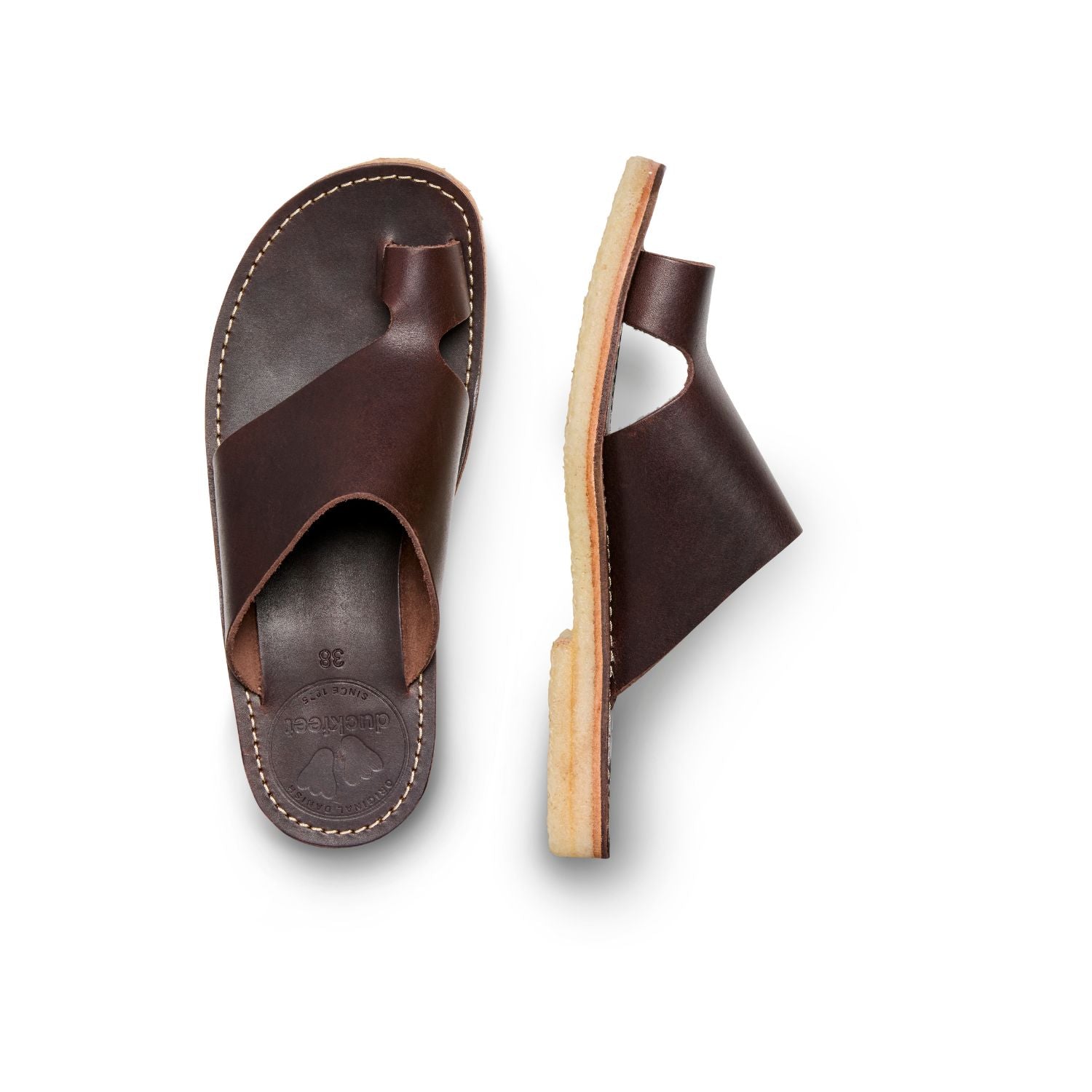Duckfeet Mandø Choco toe-loop leather sandal, top and inner side view on white background
