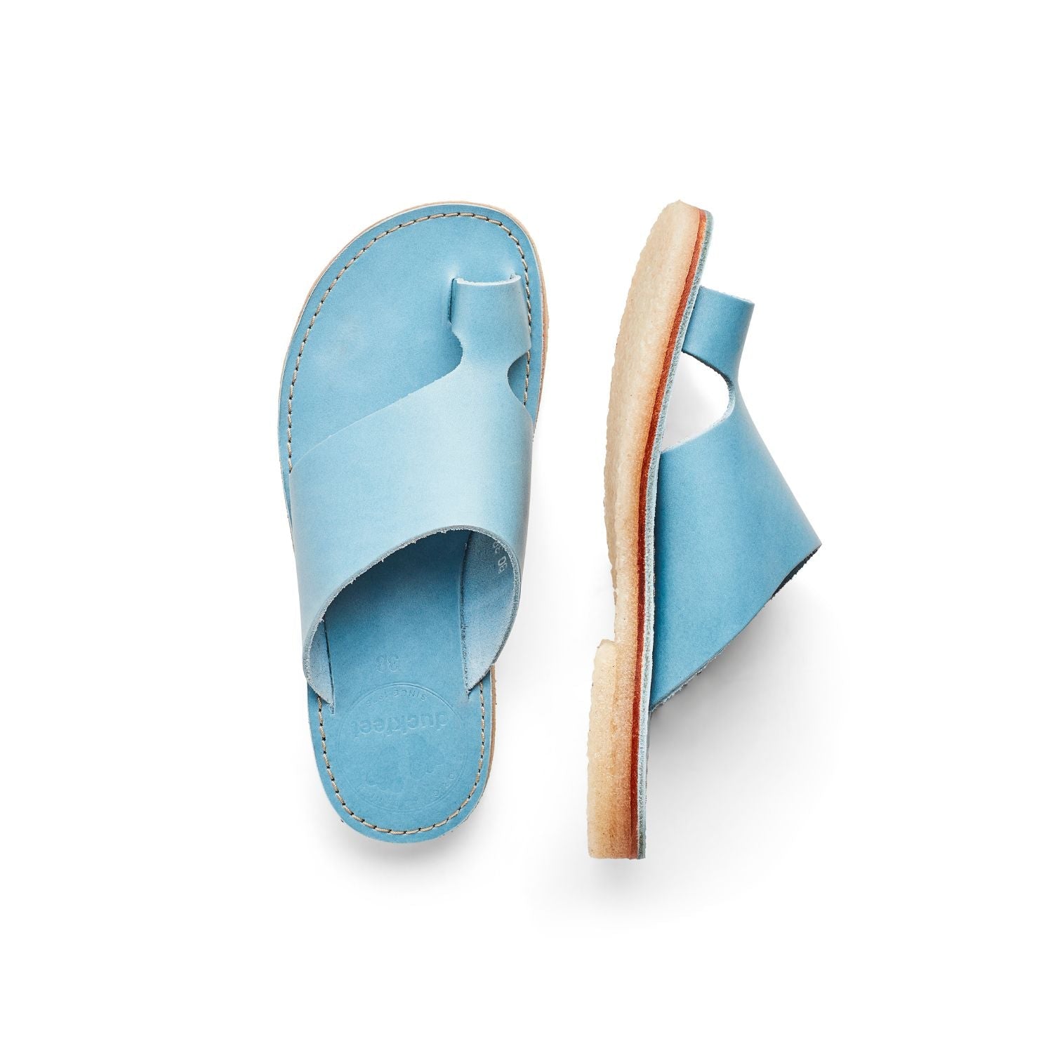 Duckfeet Mandø Jeans toe-loop leather sandal, top and inner side view on white background