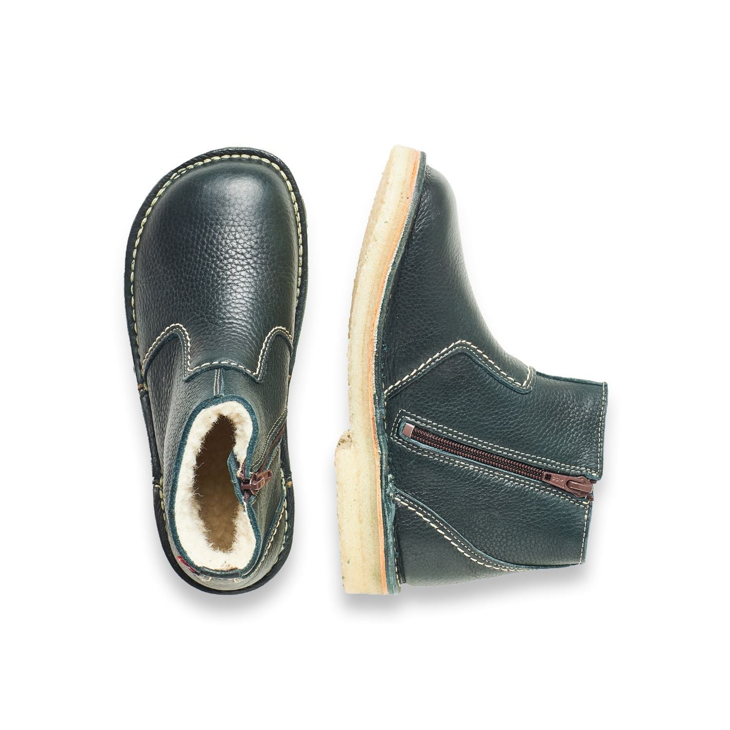 Duckfeet Middelfart Green wool-lined zip-up leather ankle boot, top and inner side view on white background