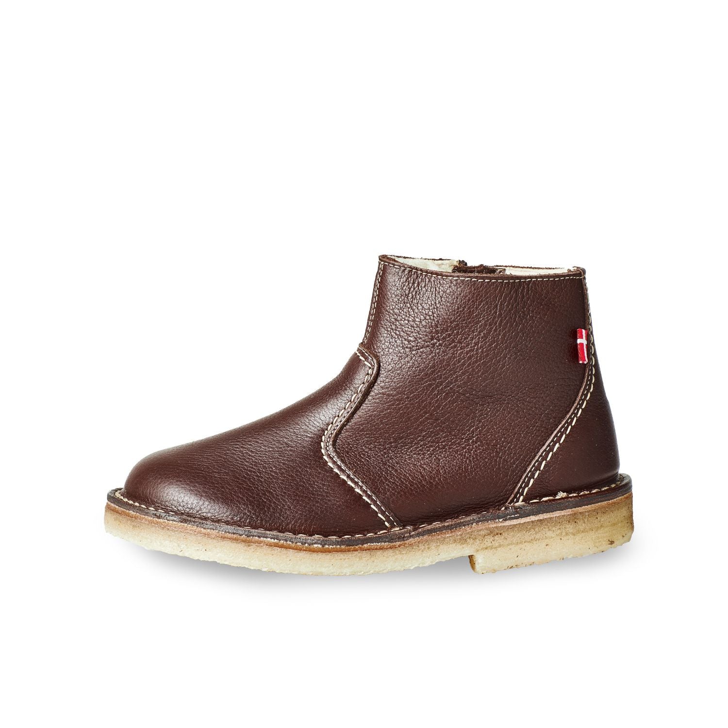 Duckfeet Middelfart Choco wool-lined zip-up leather ankle boot, outer side view on white background