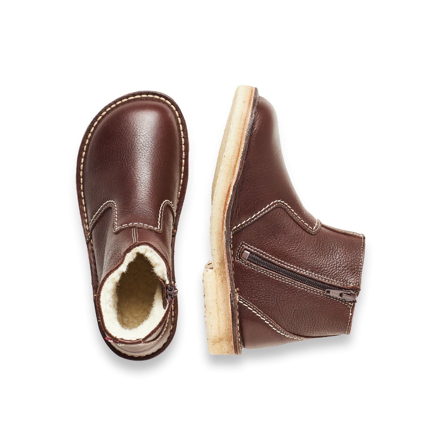 Duckfeet Middelfart Choco wool-lined zip-up leather ankle boot, top and inner side view on white background