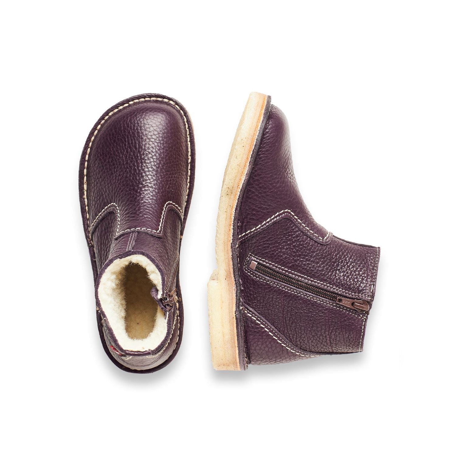Duckfeet Middelfart Plum wool-lined zip-up leather ankle boot, top and inner side view on white background