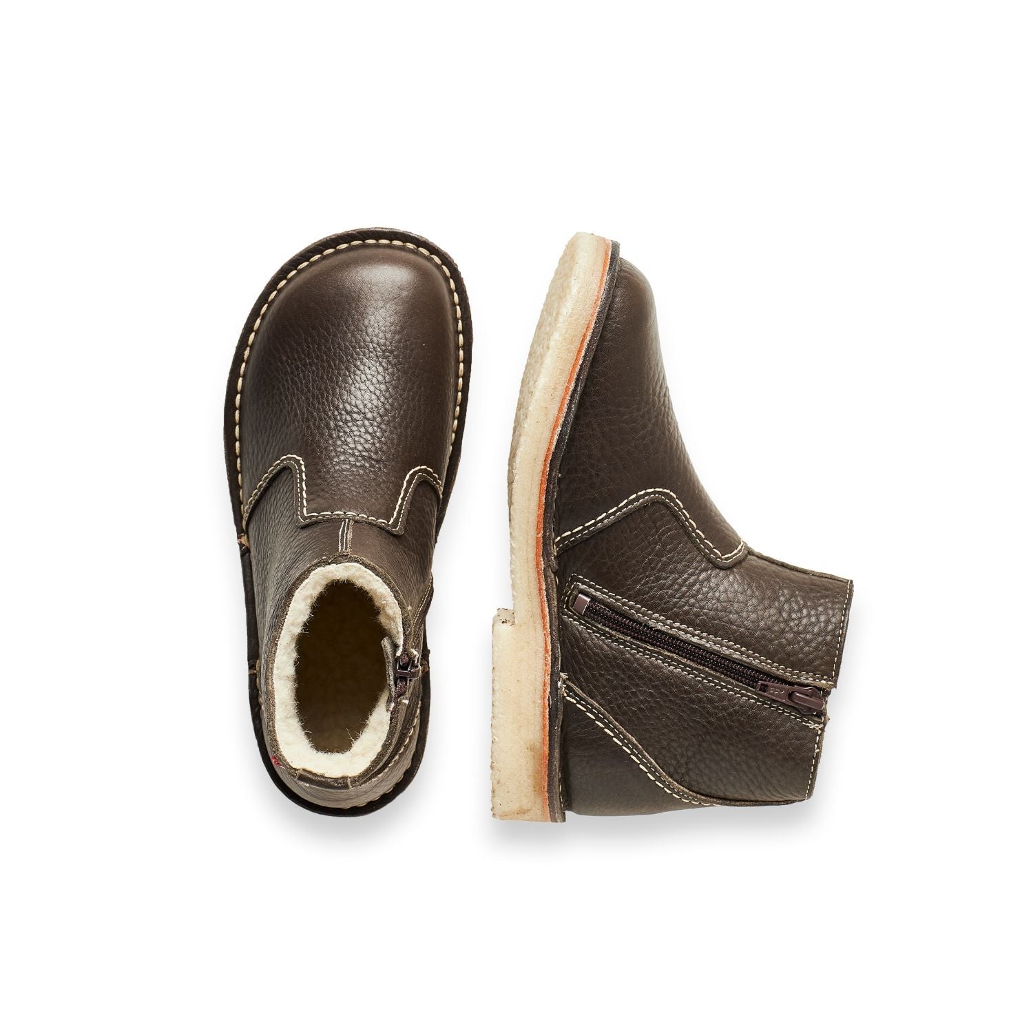 Duckfeet Middelfart Olive wool-lined zip-up leather ankle boot, top and inner side view on white background