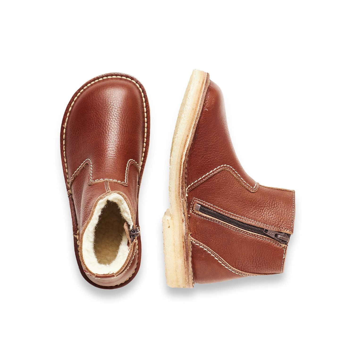 Duckfeet Middelfart Nut wool-lined zip-up leather ankle boot, top and inner side view on white background