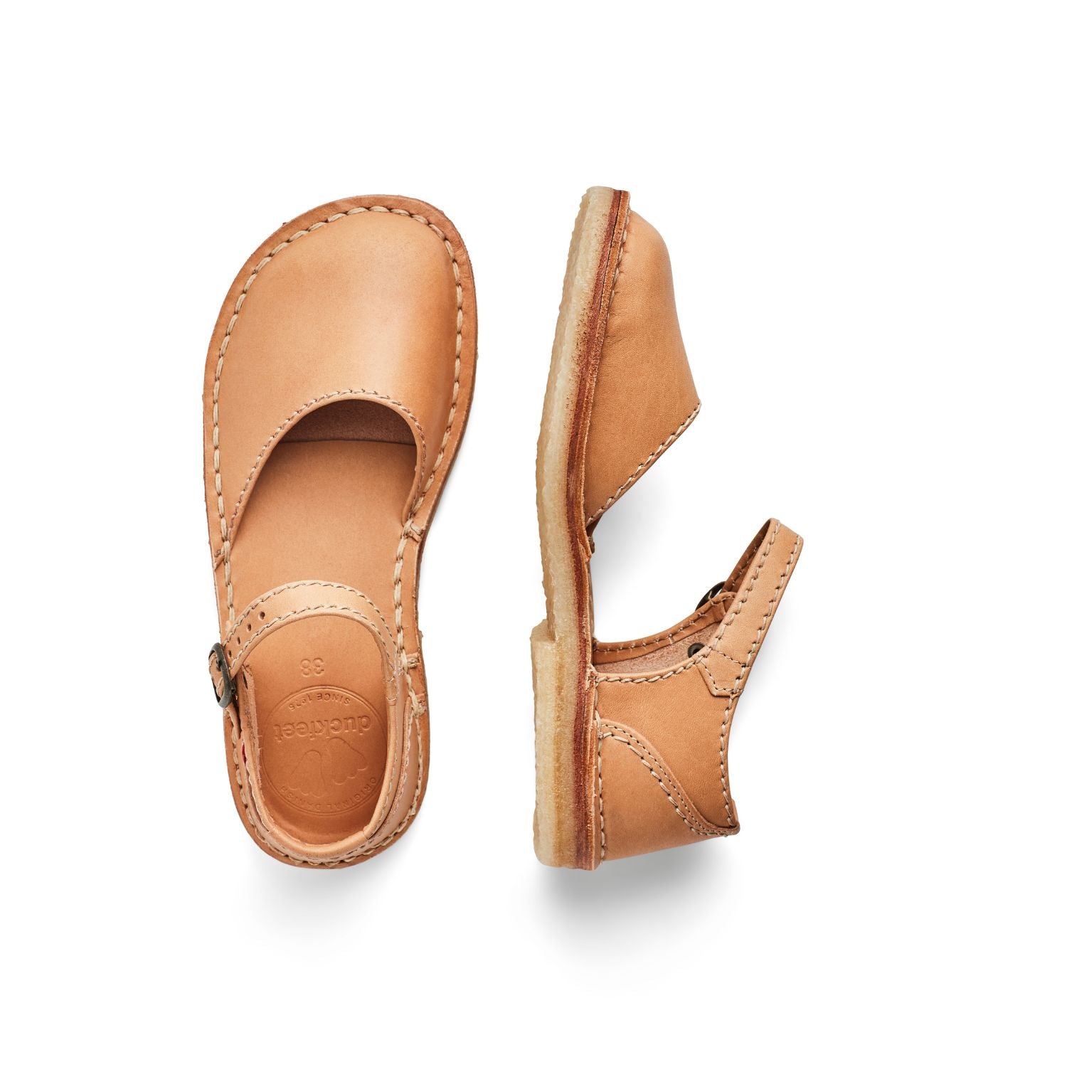 Duckfeet Mols Bio closed-toe leather sandal, top and inner side view on white background