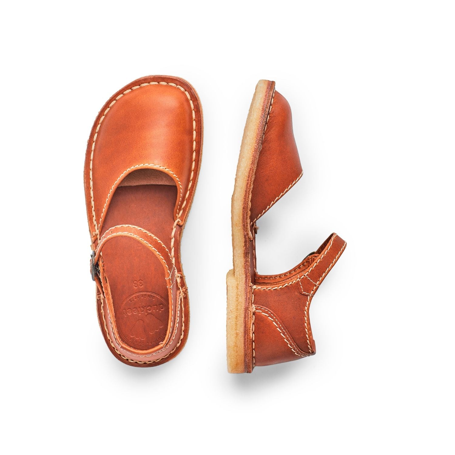 Duckfeet Mols Brown closed-toe leather sandal, top and inner side view on white background