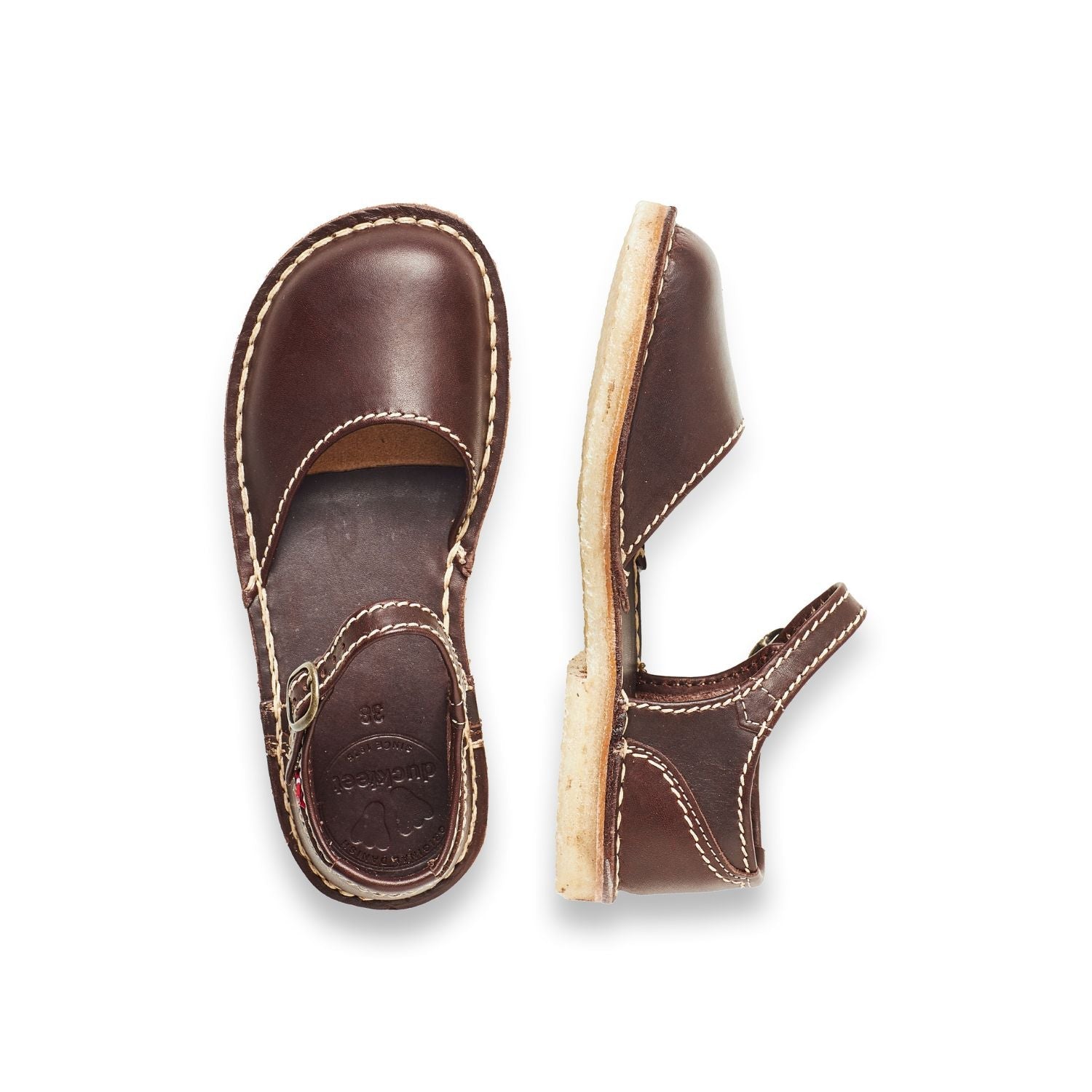 Duckfeet Mols Choco closed-toe leather sandal, top and inner side view on white background
