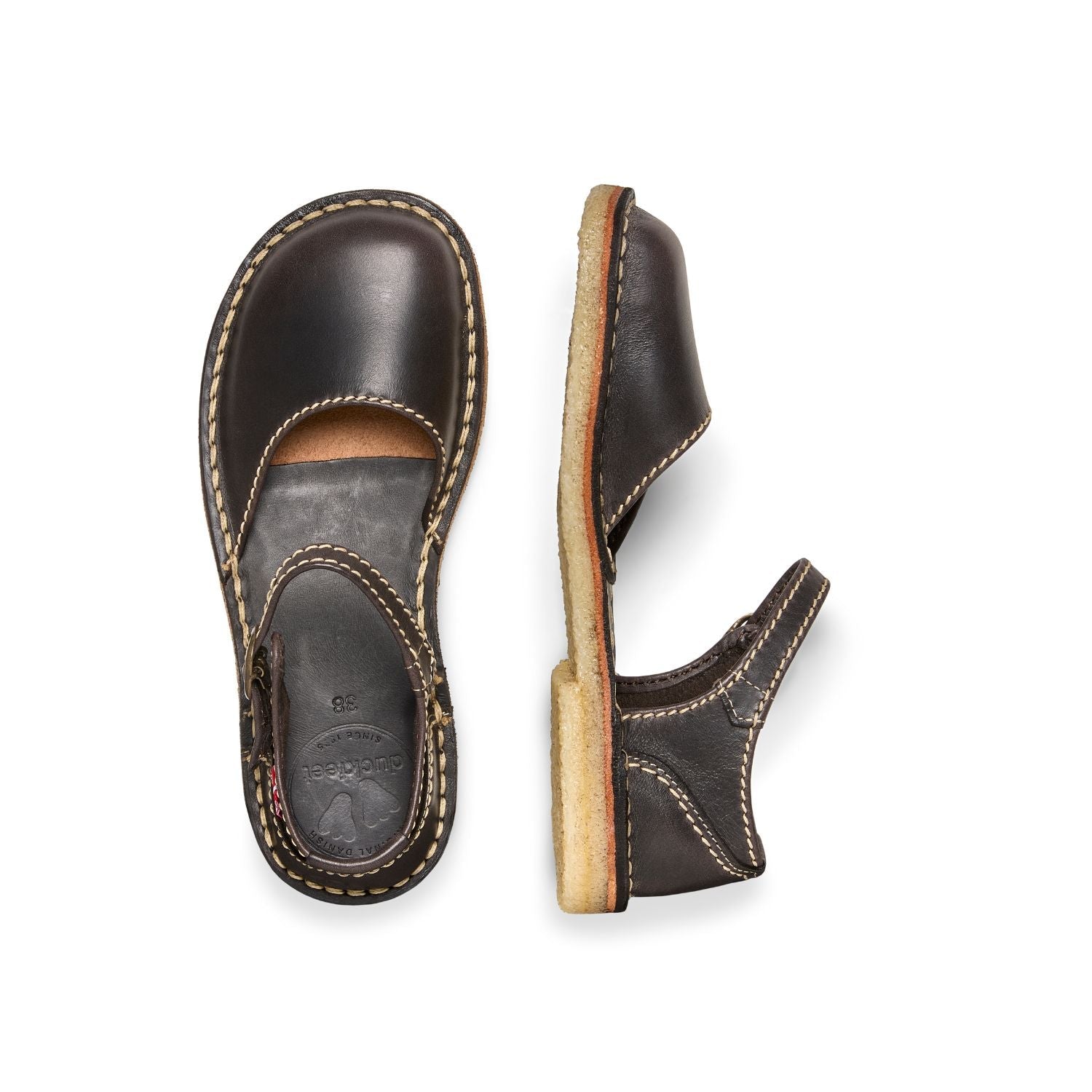 Duckfeet Mols Slate closed-toe leather sandal, top and inner side view on white background