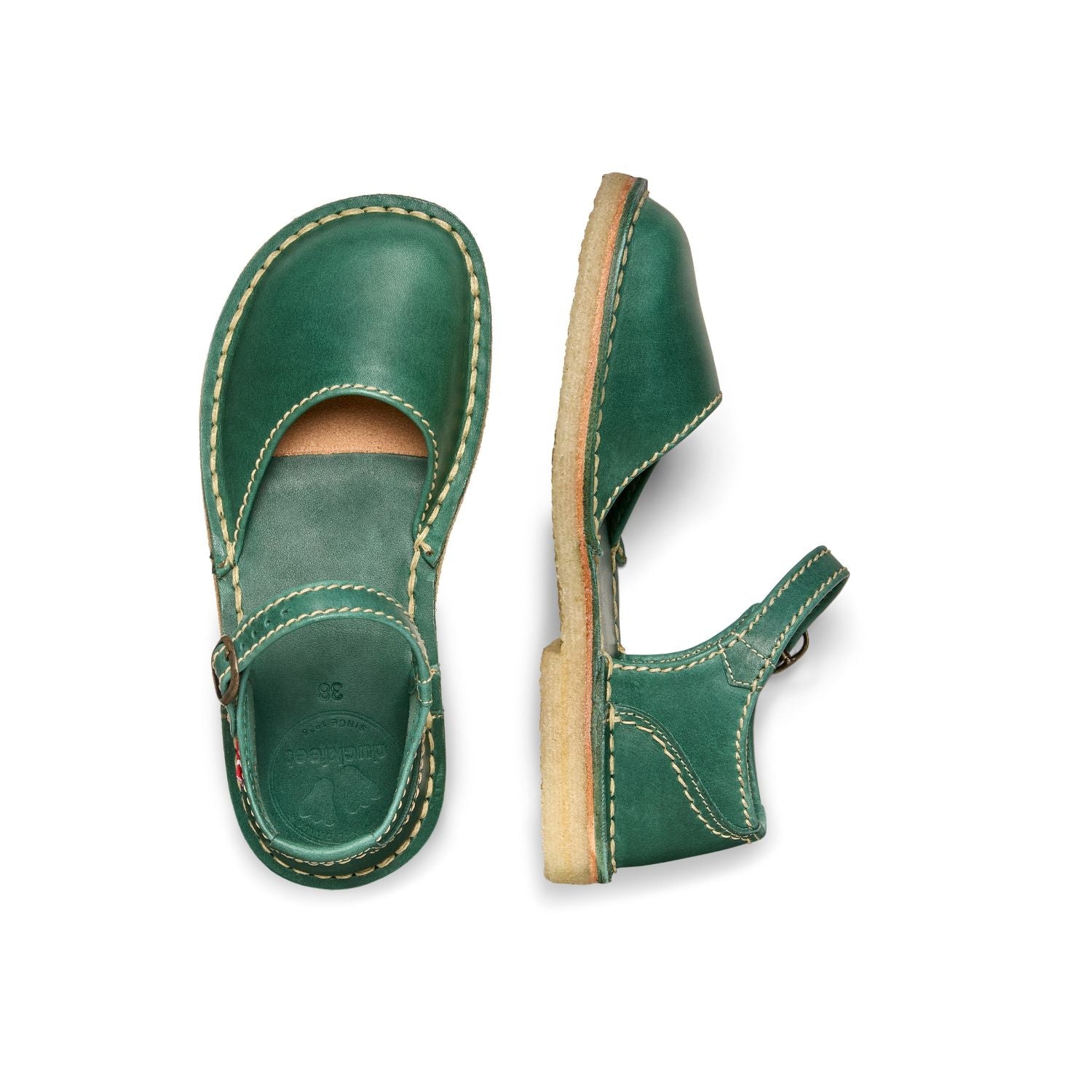 Duckfeet Mols Turquoise-Green closed-toe leather sandal, top and inner side view on white background