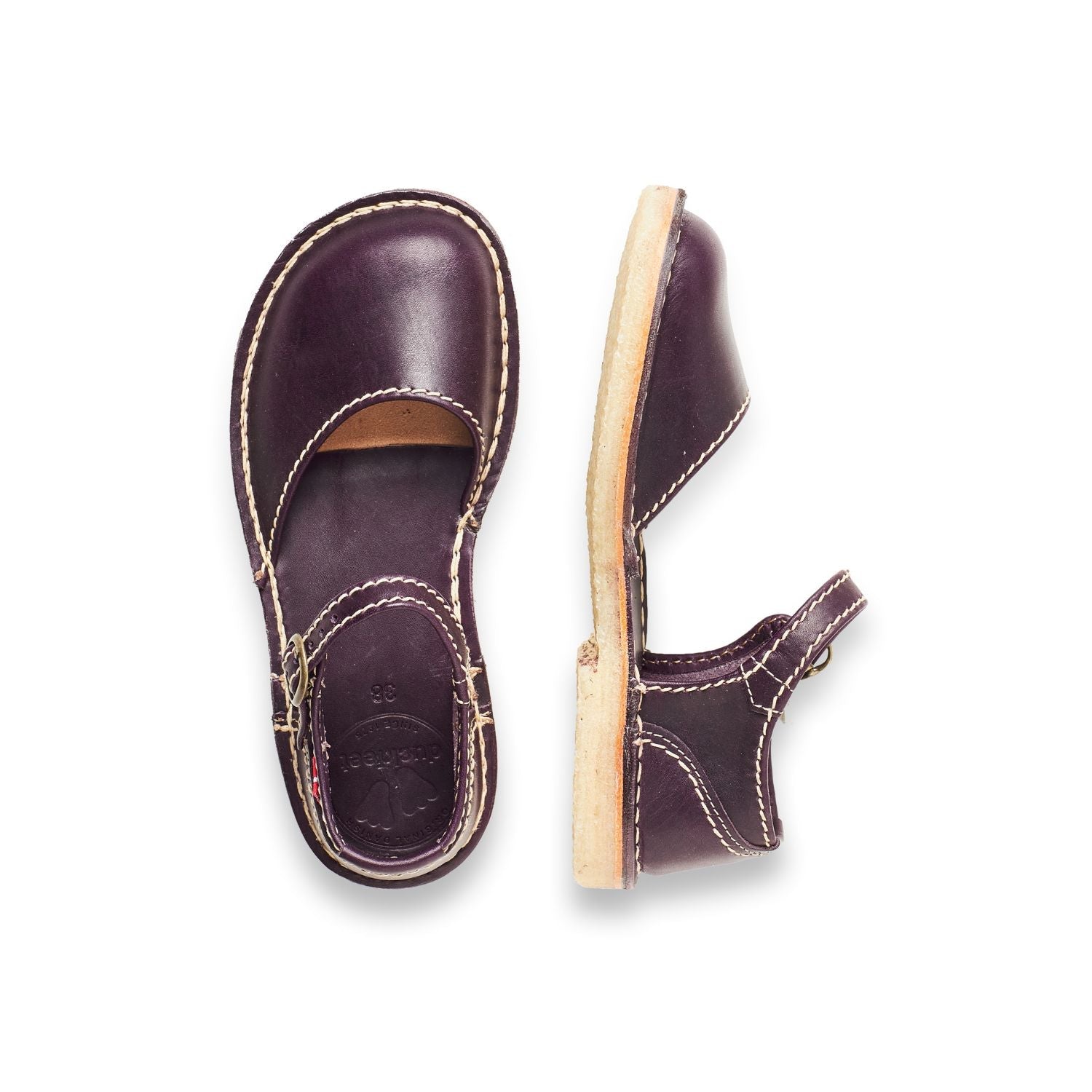 Duckfeet Mols Plum closed-toe leather sandal, top and inner side view on white background