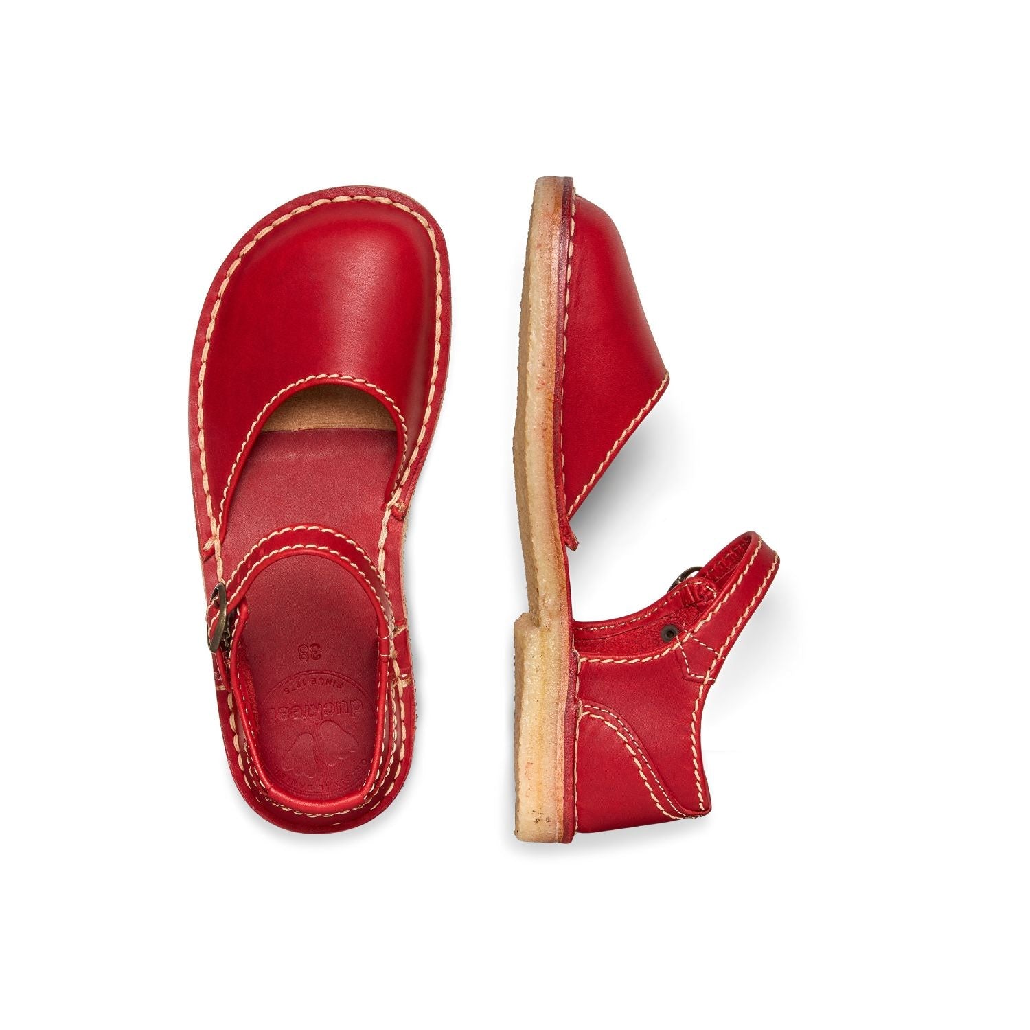 Duckfeet Mols Granate closed-toe leather sandal, top and inner side view on white background