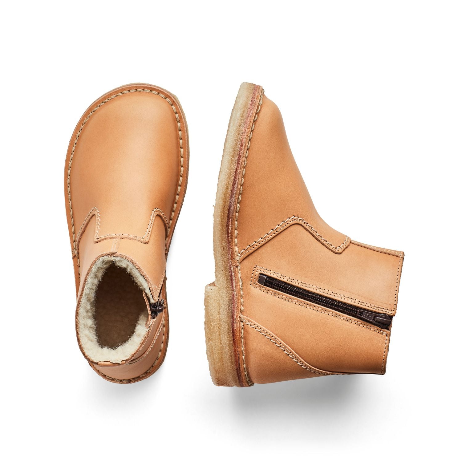 Duckfeet Nyborg Bio wool-lined zip-up leather ankle boot, top and inner side view on white background