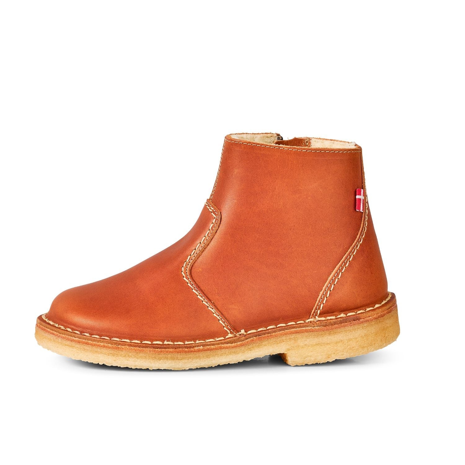 Duckfeet Nyborg Brown wool-lined zip-up leather ankle boot, outer side view on white background