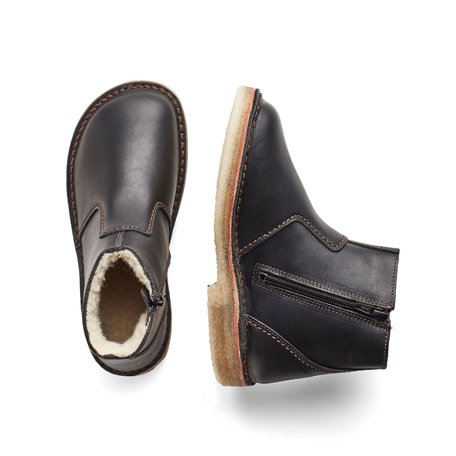 Duckfeet Nyborg Black wool-lined zip-up leather ankle boot, top and inner side view on white background