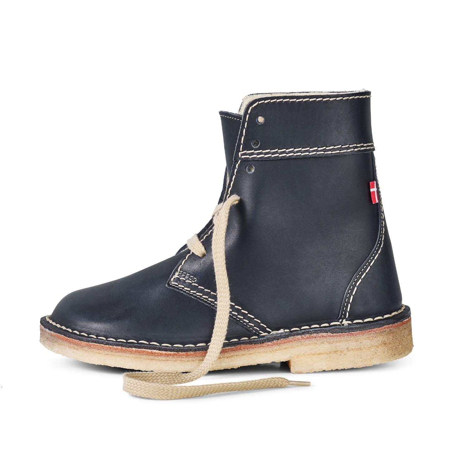 Duckfeet Odense Blue wool-lined lace-up leather boot, outer side view on white background