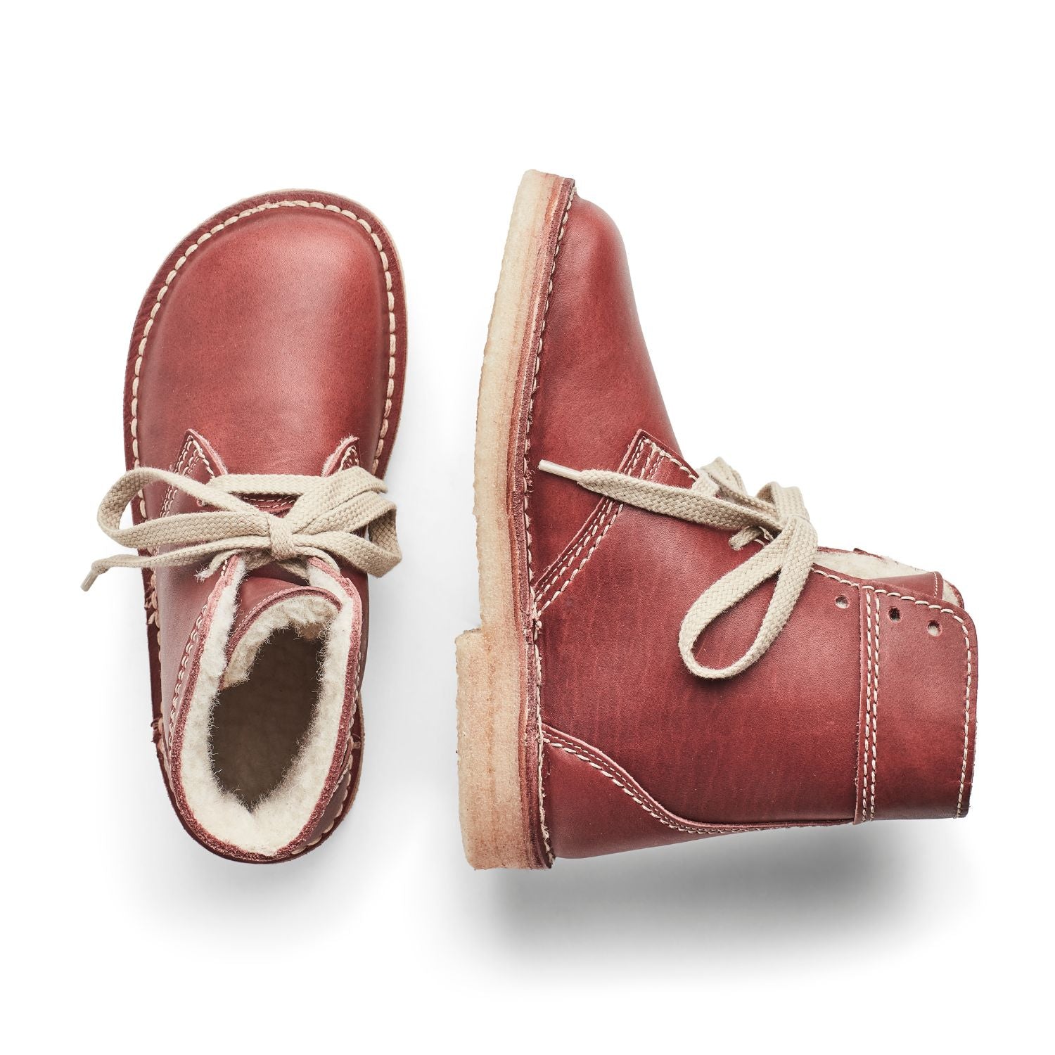 Duckfeet Odense Bordo wool-lined lace-up leather boot, top and inner side view on white background