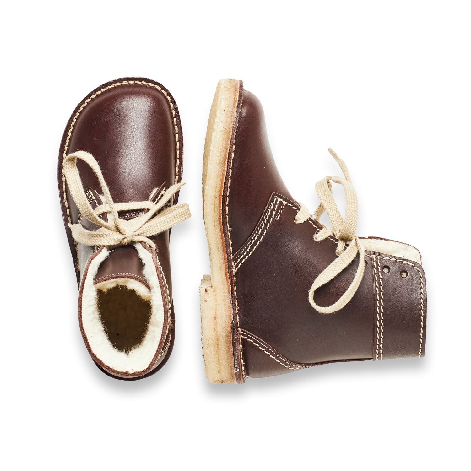 Duckfeet Odense Choco wool-lined lace-up leather boot, top and inner side view on white background