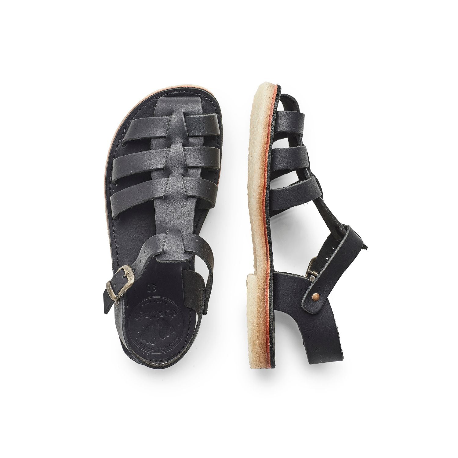 Duckfeet Ringkøbing Black fisherman leather sandal, top and inner side view on white background