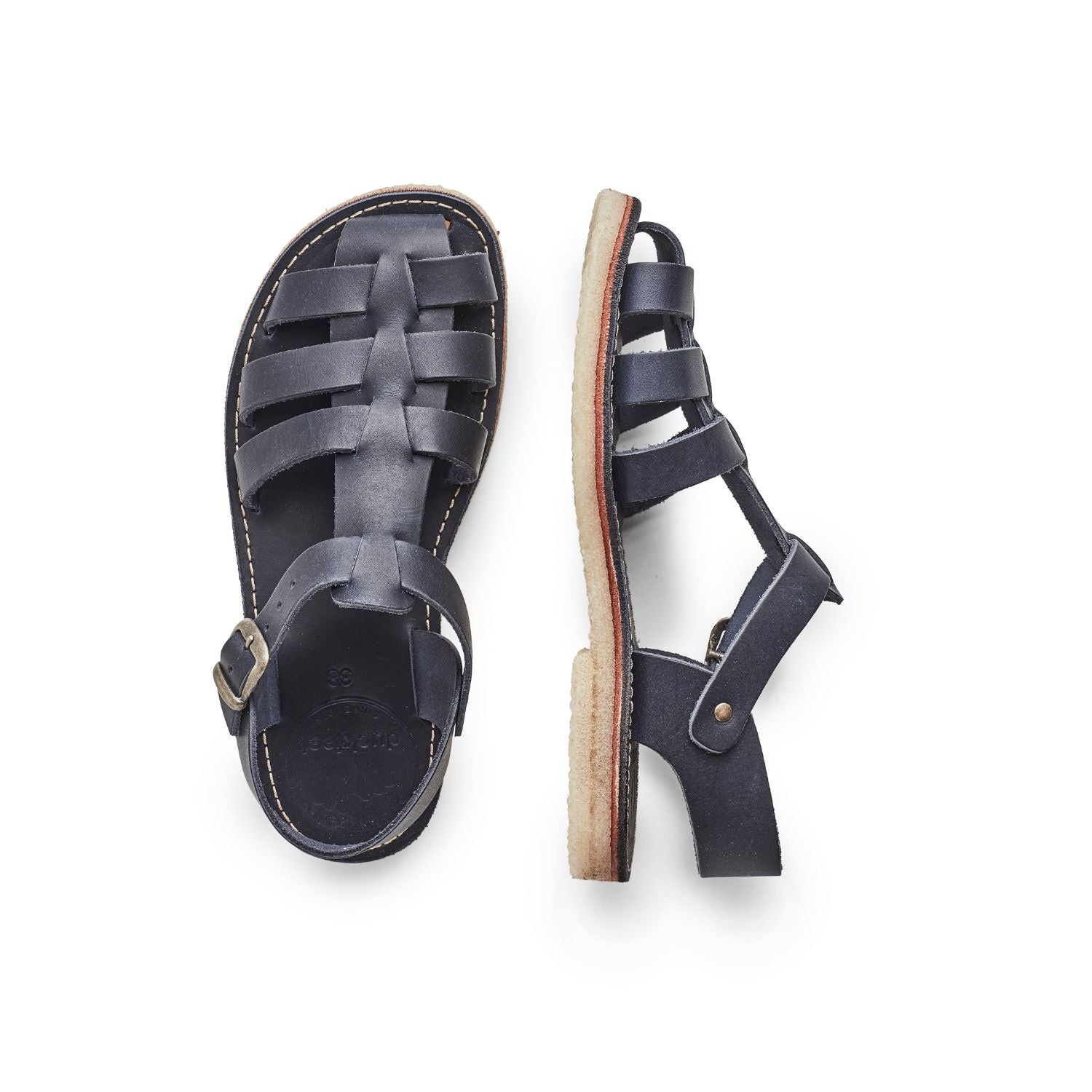 Duckfeet Ringkøbing Blue fisherman leather sandal, top and inner side view on white background