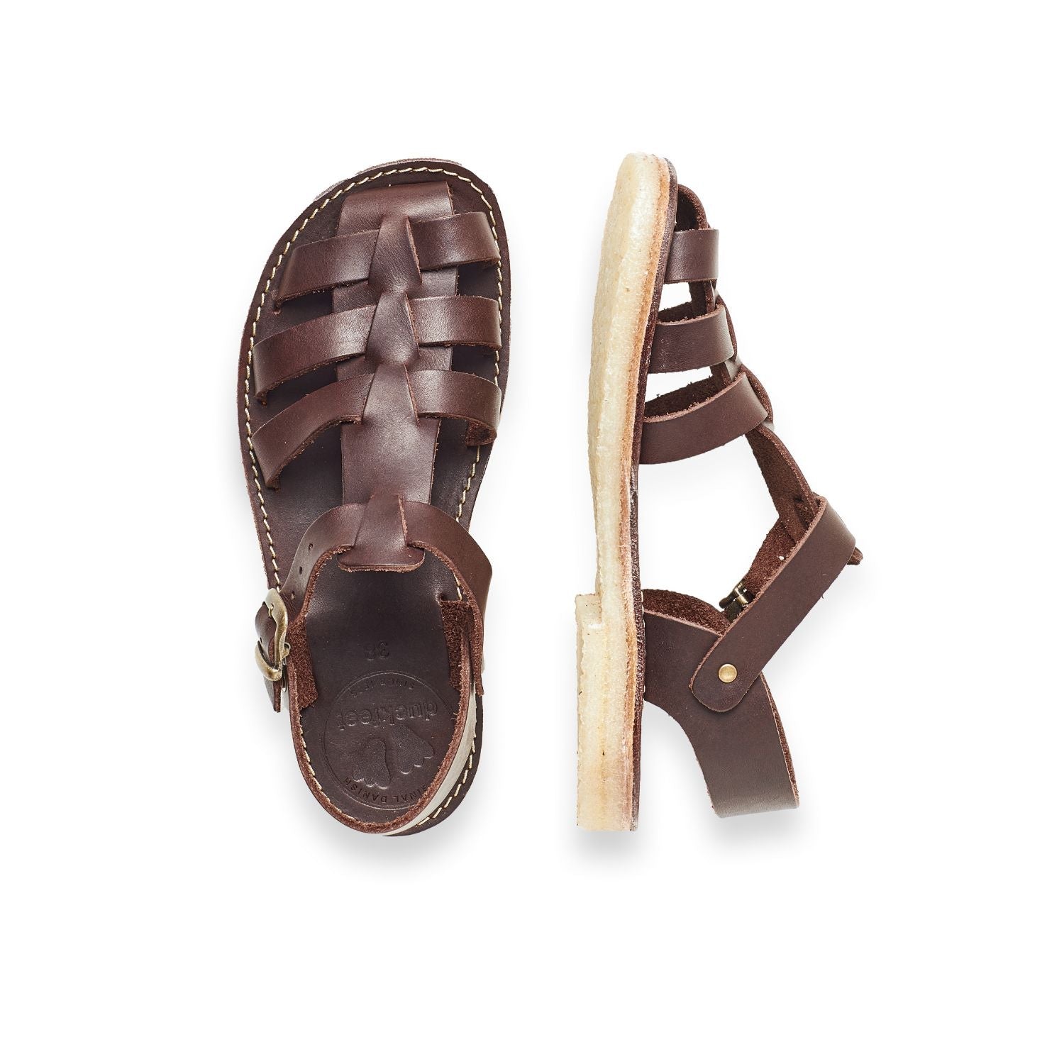 Duckfeet Ringkøbing Choco fisherman leather sandal, top and inner side view on white background
