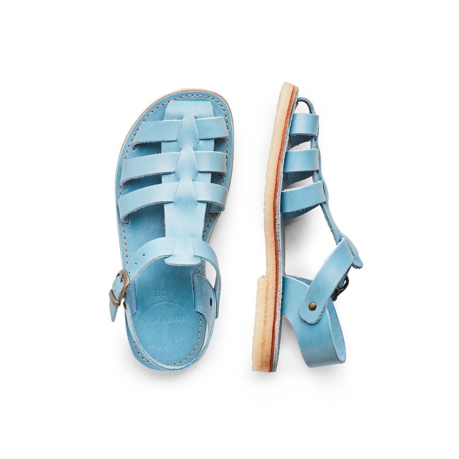 Duckfeet Ringkøbing Jeans fisherman leather sandal, top and inner side view on white background