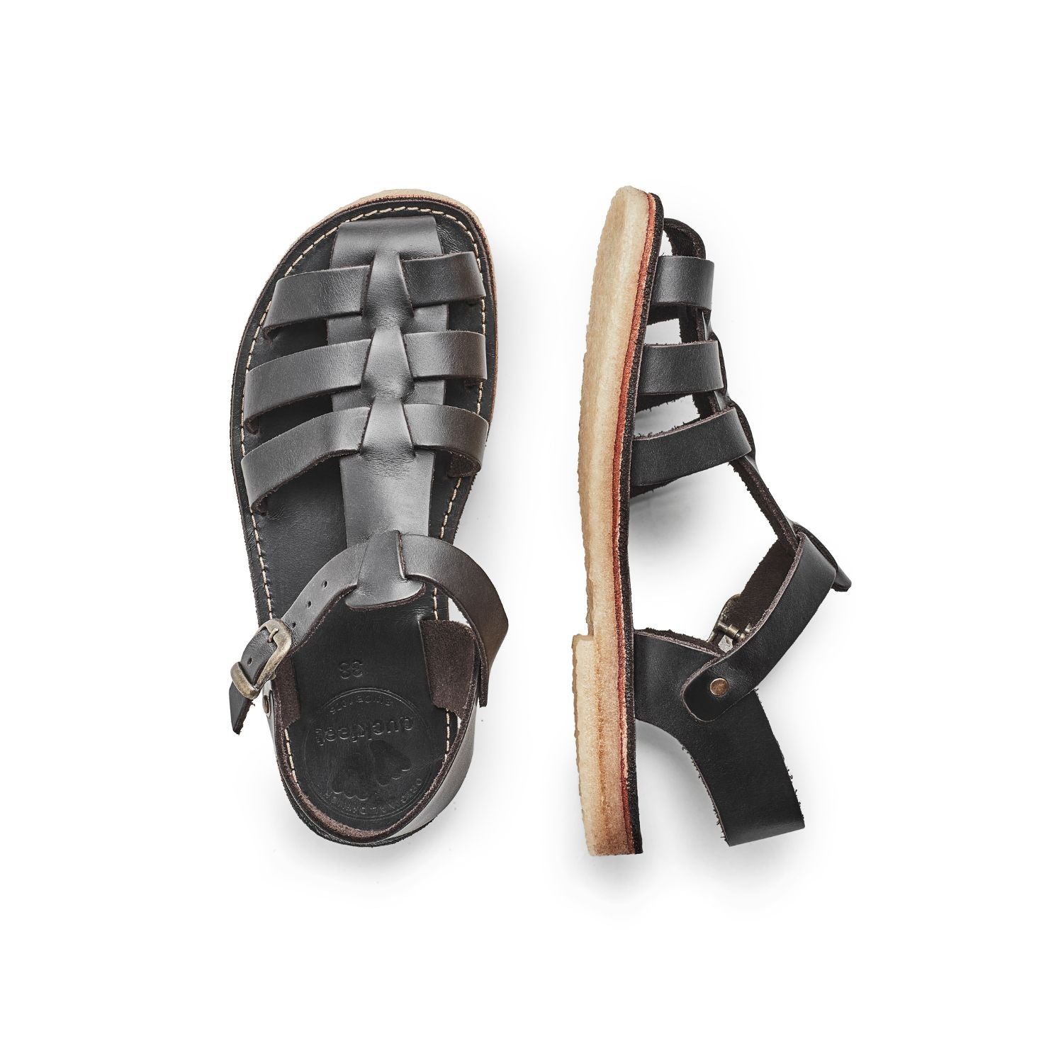 Duckfeet Ringkøbing Slate fisherman leather sandal, top and inner side view on white background