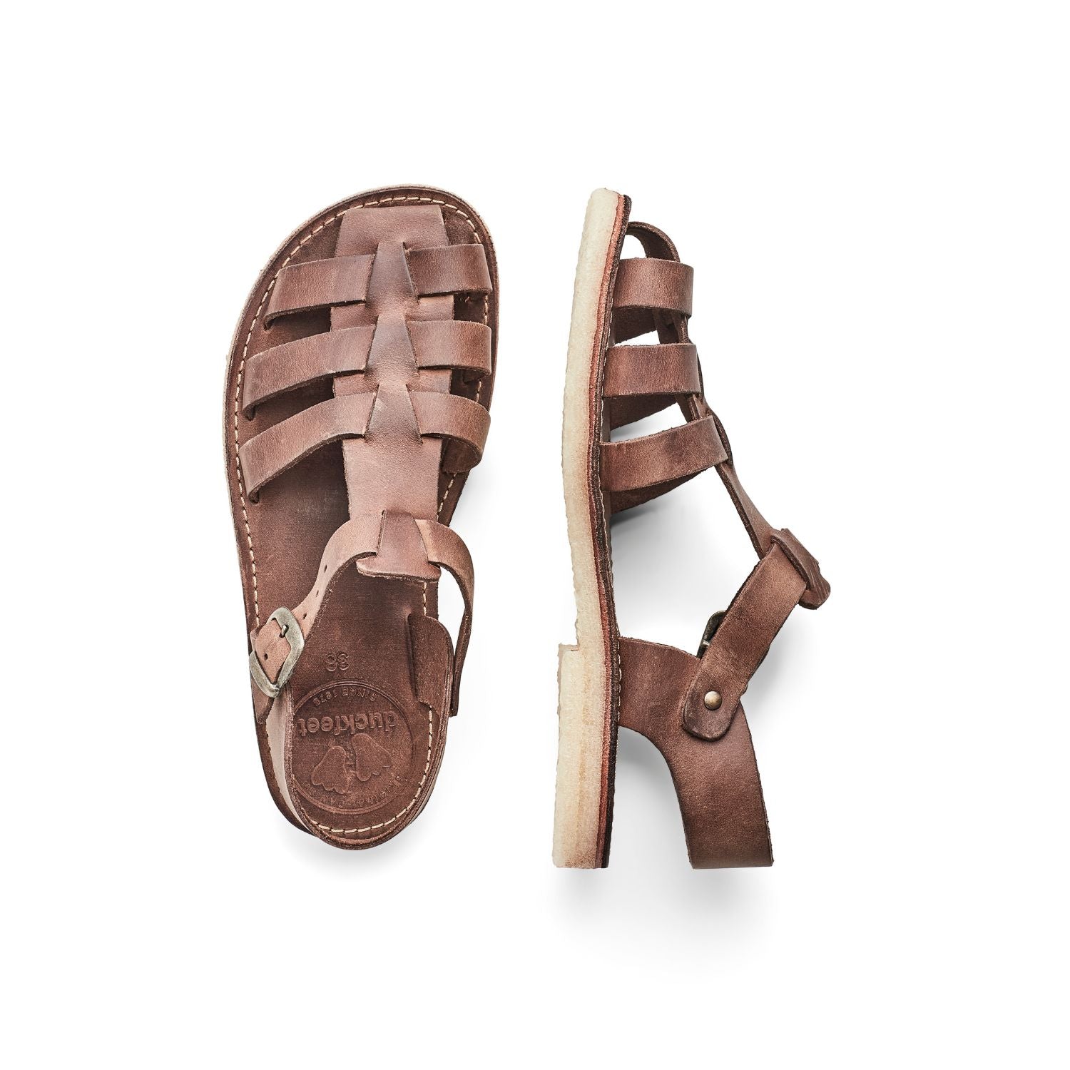 Duckfeet Ringkøbing Cocoa fisherman leather sandal, top and inner side view on white background