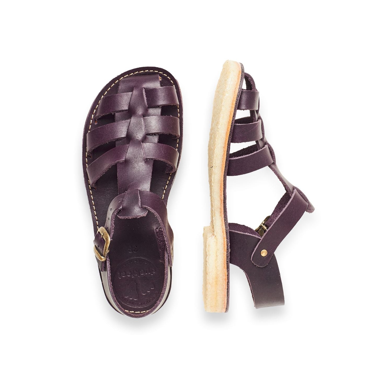 Duckfeet Ringkøbing Plum fisherman leather sandal, top and inner side view on white background