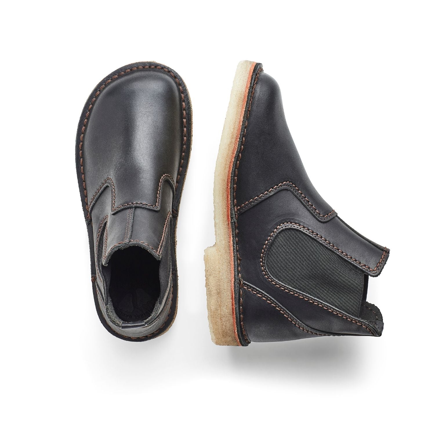 Duckfeet Roskilde Black leather Chelsea boot, top and inner side view on white background