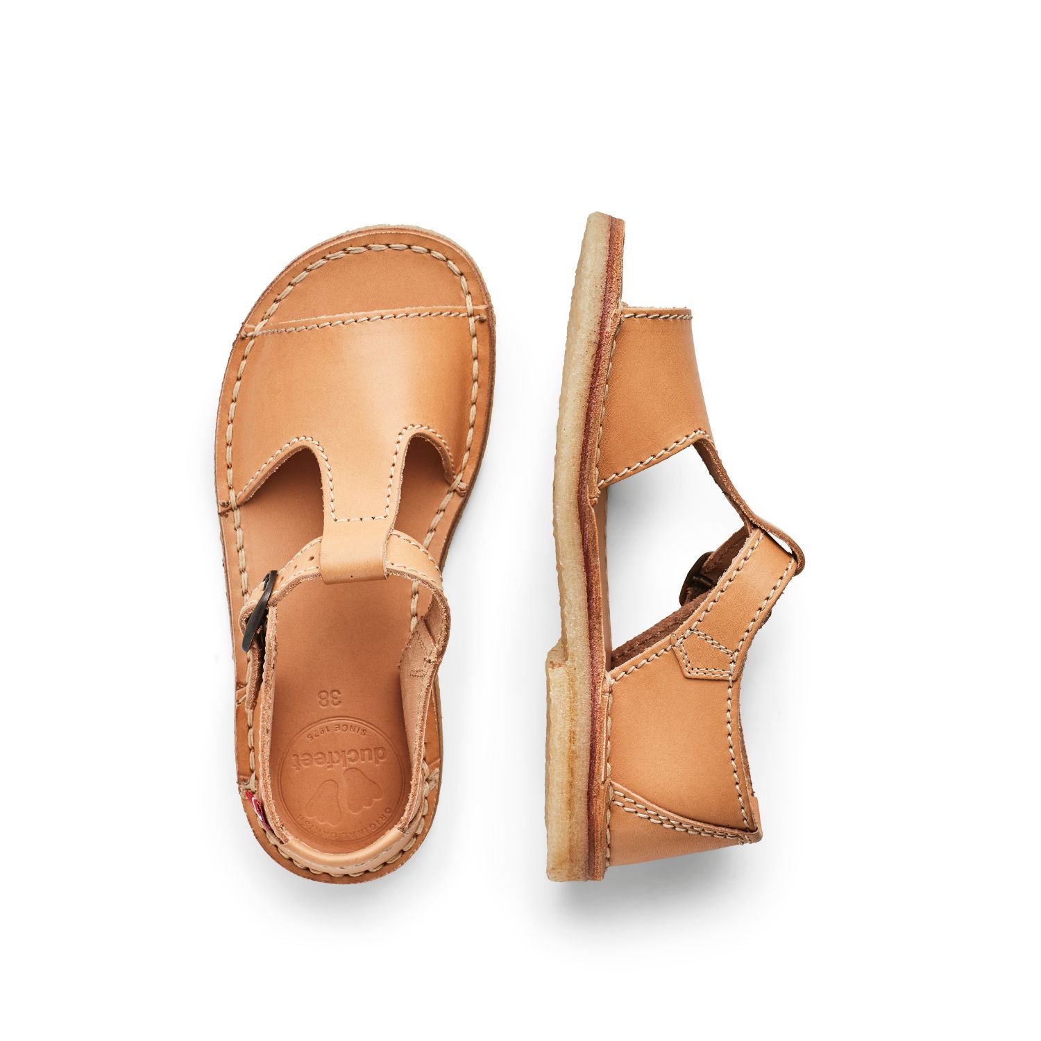 Duckfeet Samsø Bio T-strap leather sandal, top and inner side view on white background