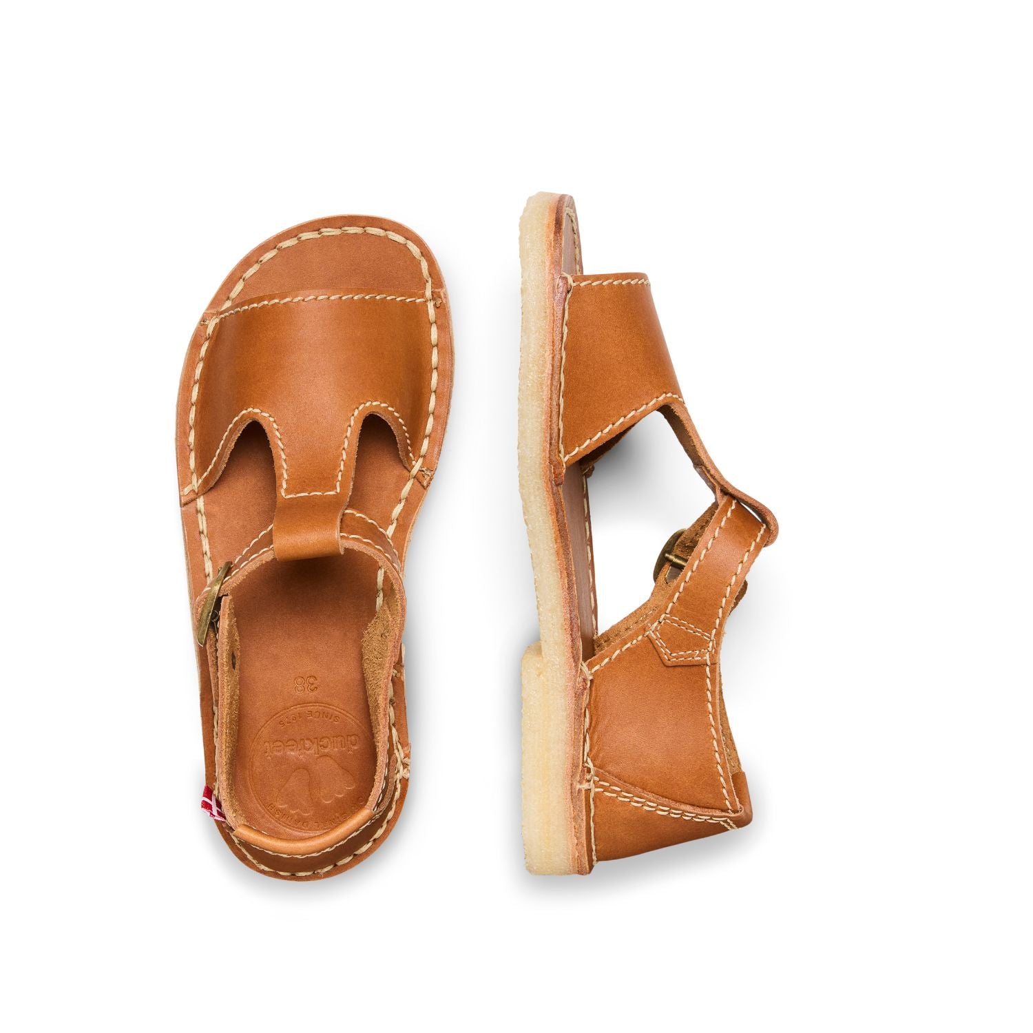 Duckfeet Samsø Brown T-strap leather sandal, top and inner side view on white background