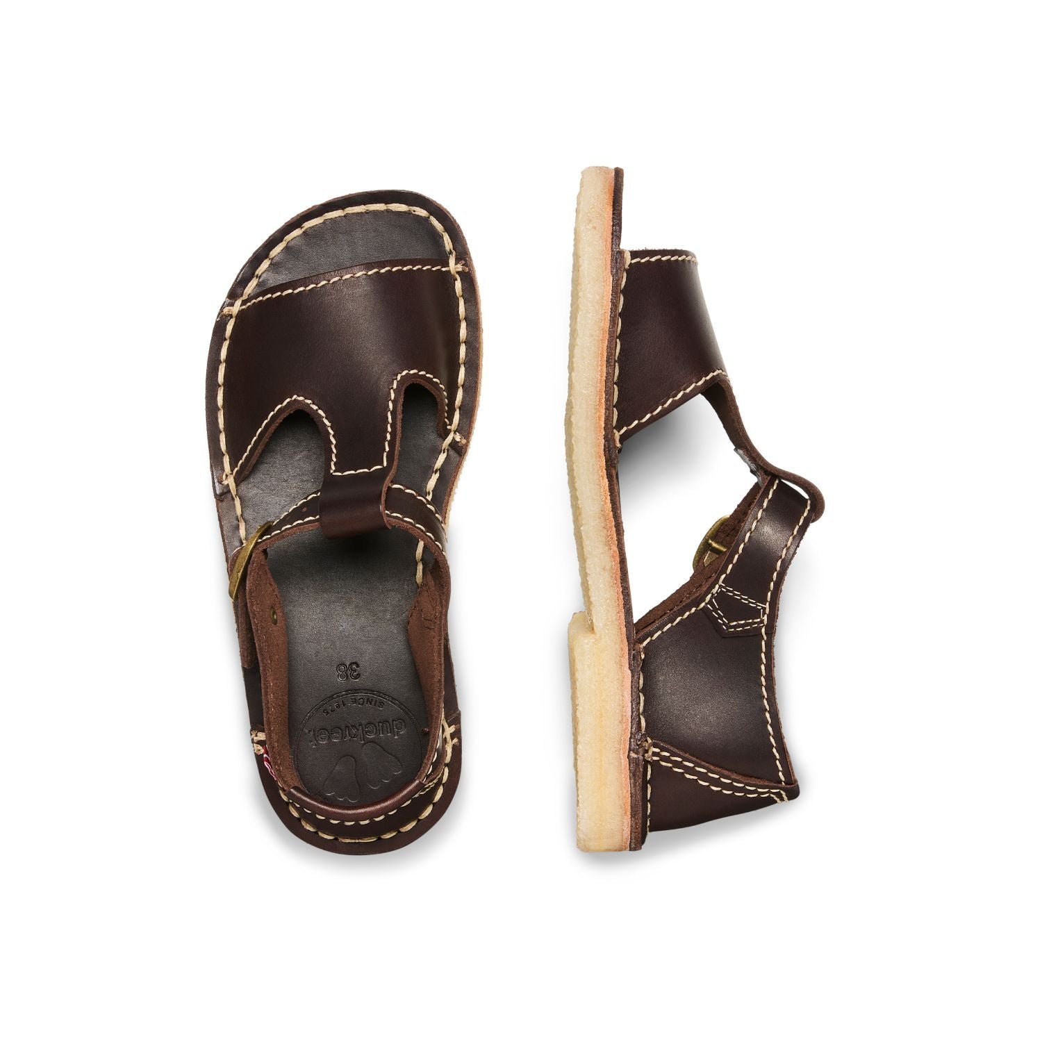 Duckfeet Samsø Choco T-strap leather sandal, top and inner side view on white background