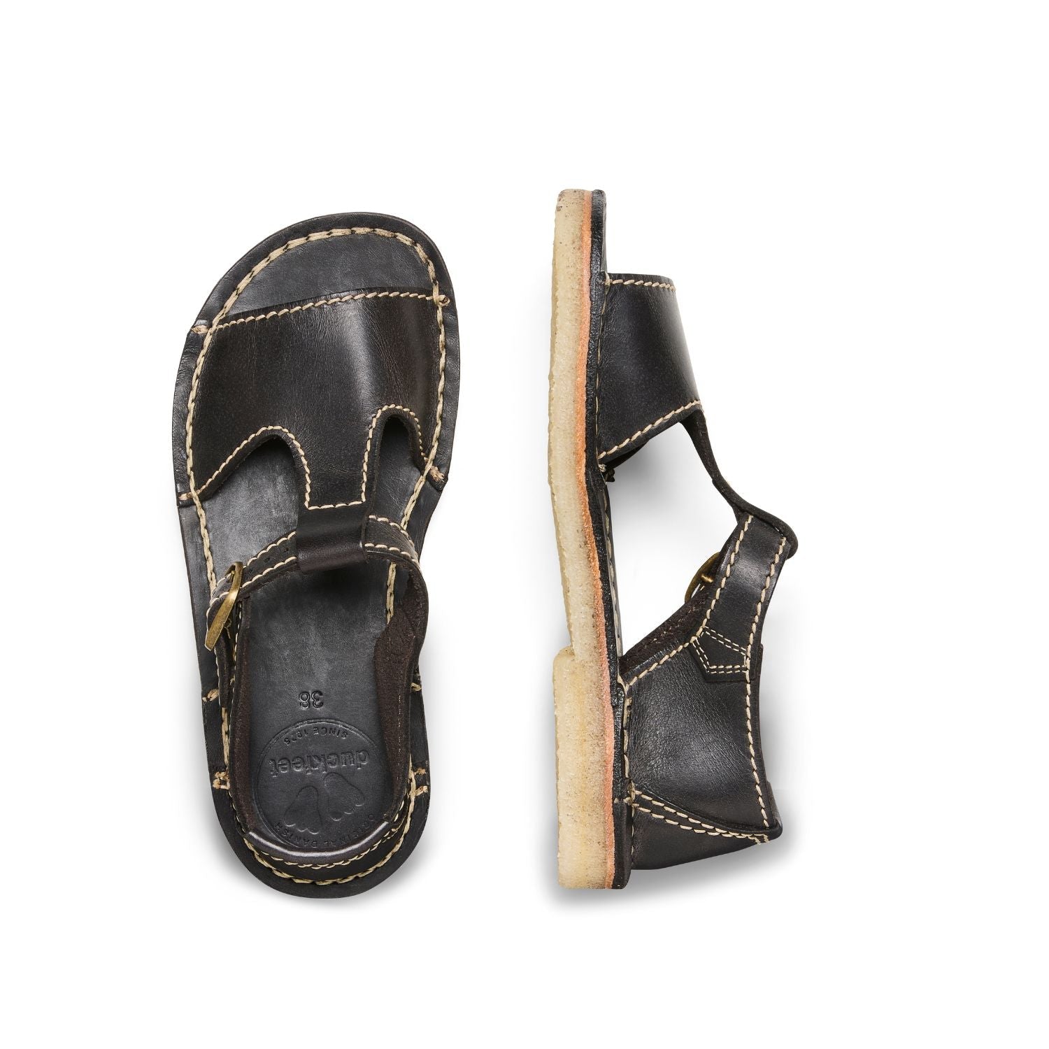 Duckfeet Samsø Slate T-strap leather sandal, top and inner side view on white background