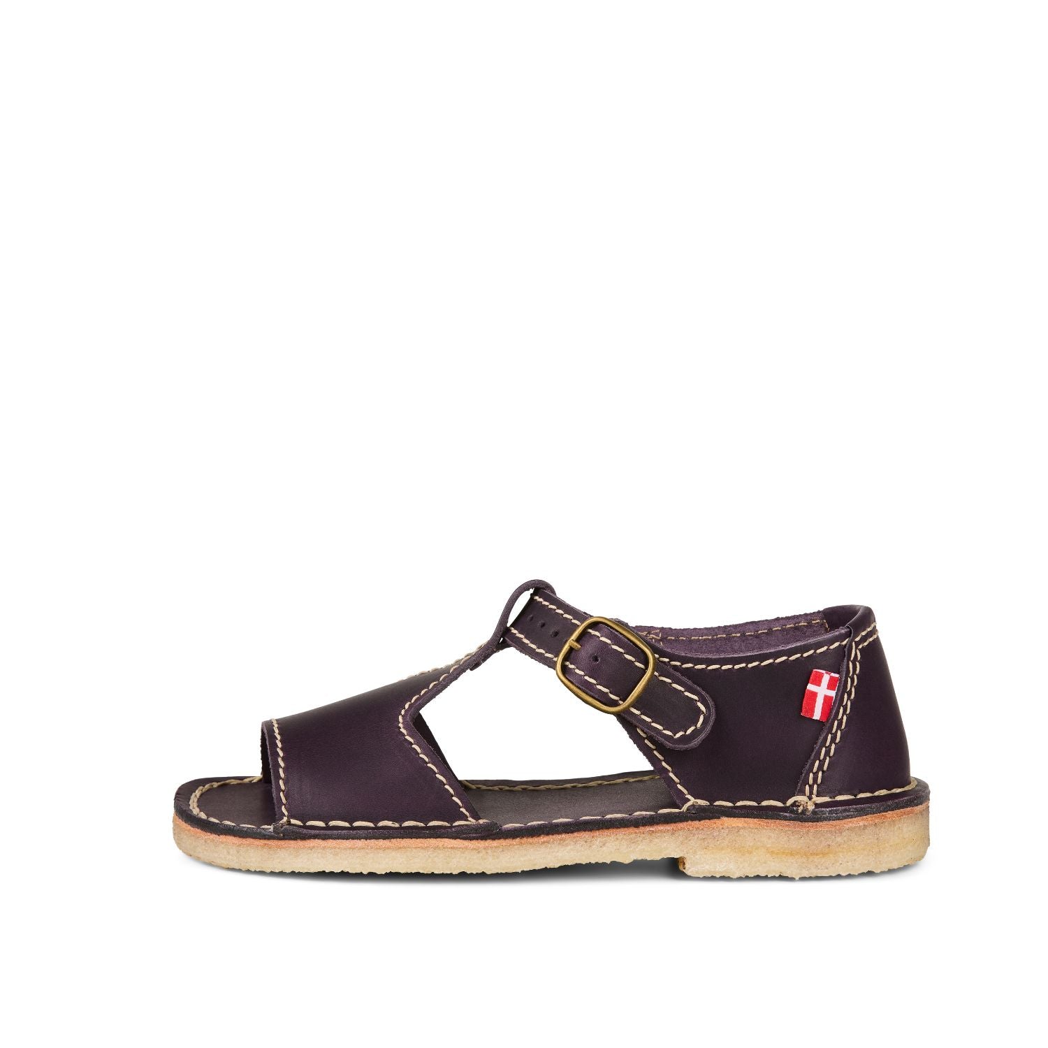 Duckfeet Samsø Plum T-strap leather sandal, outer side view on white background