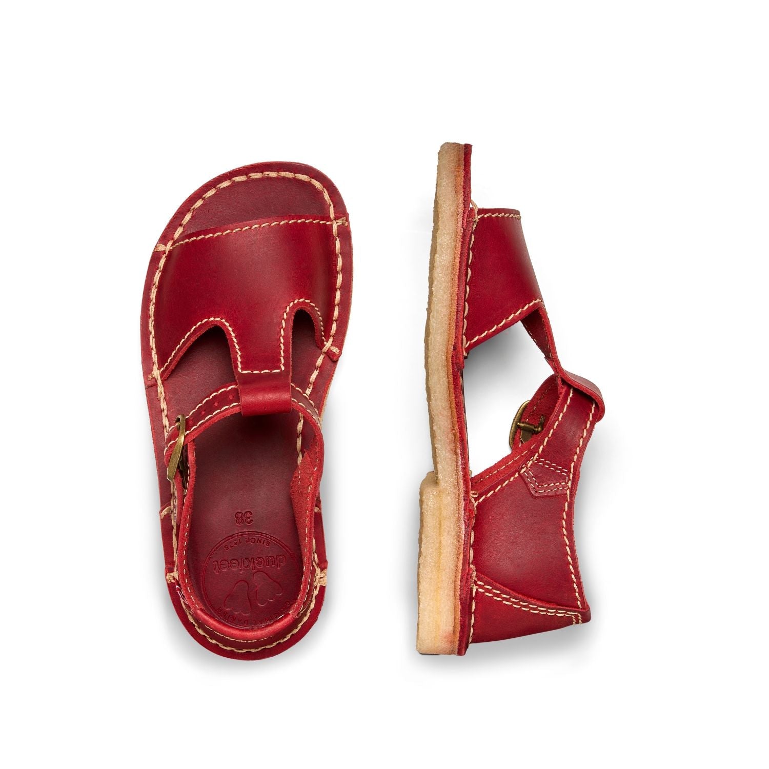 Duckfeet Samsø Granate T-strap leather sandal, top and inner side view on white background
