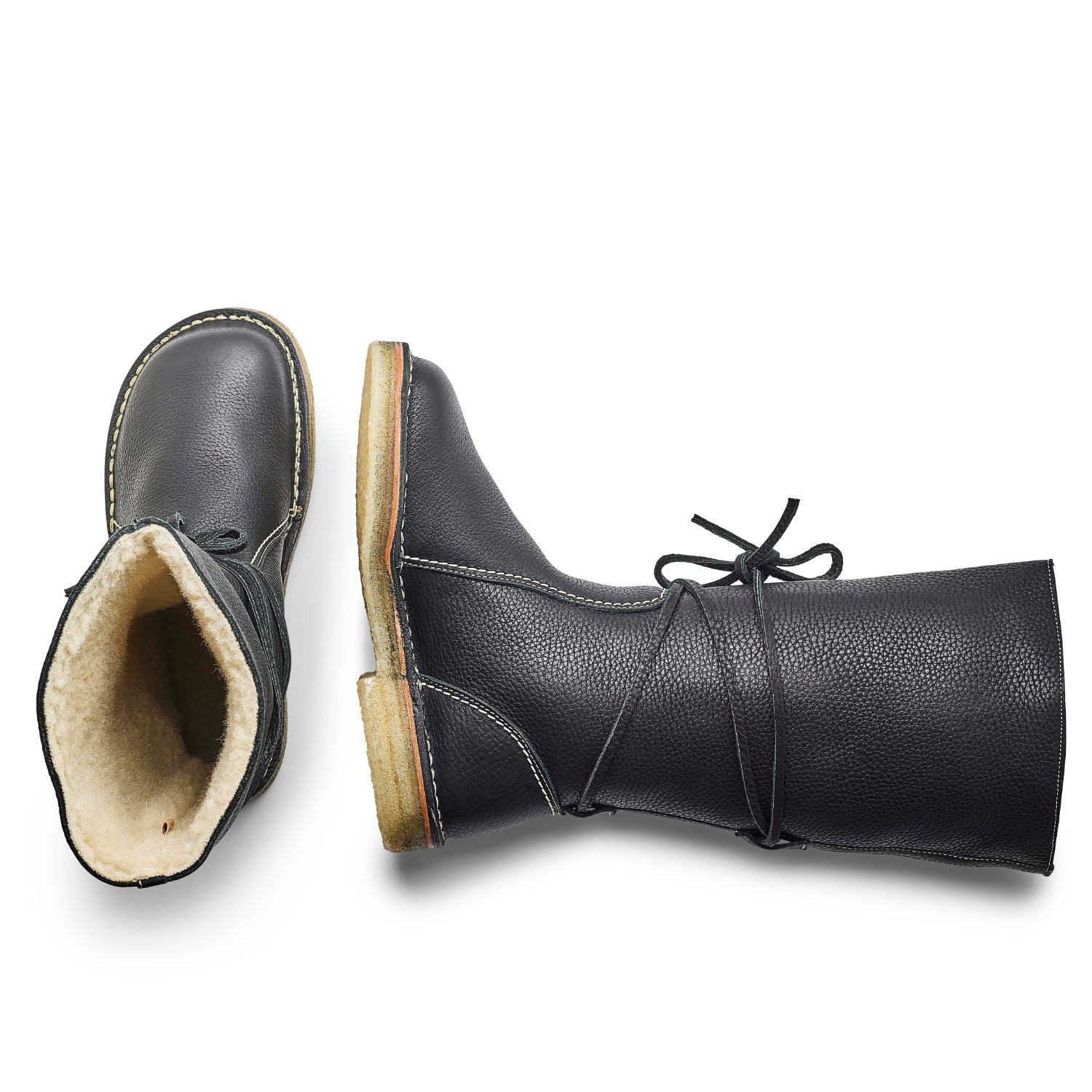 Duckfeet Silkeborg Black wool-lined pull-on leather boot, top and inner side view on white background
