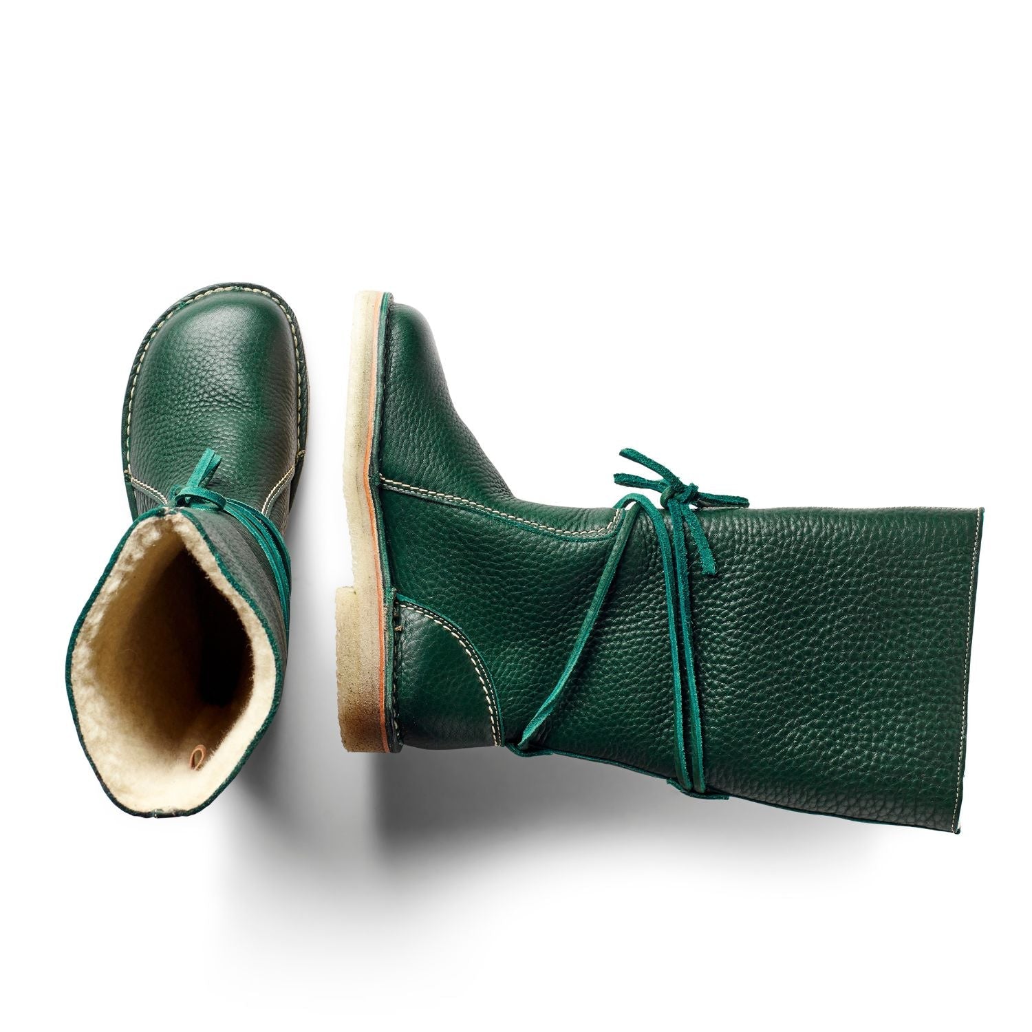 Duckfeet Silkeborg Green wool-lined pull-on leather boot, top and inner side view on white background