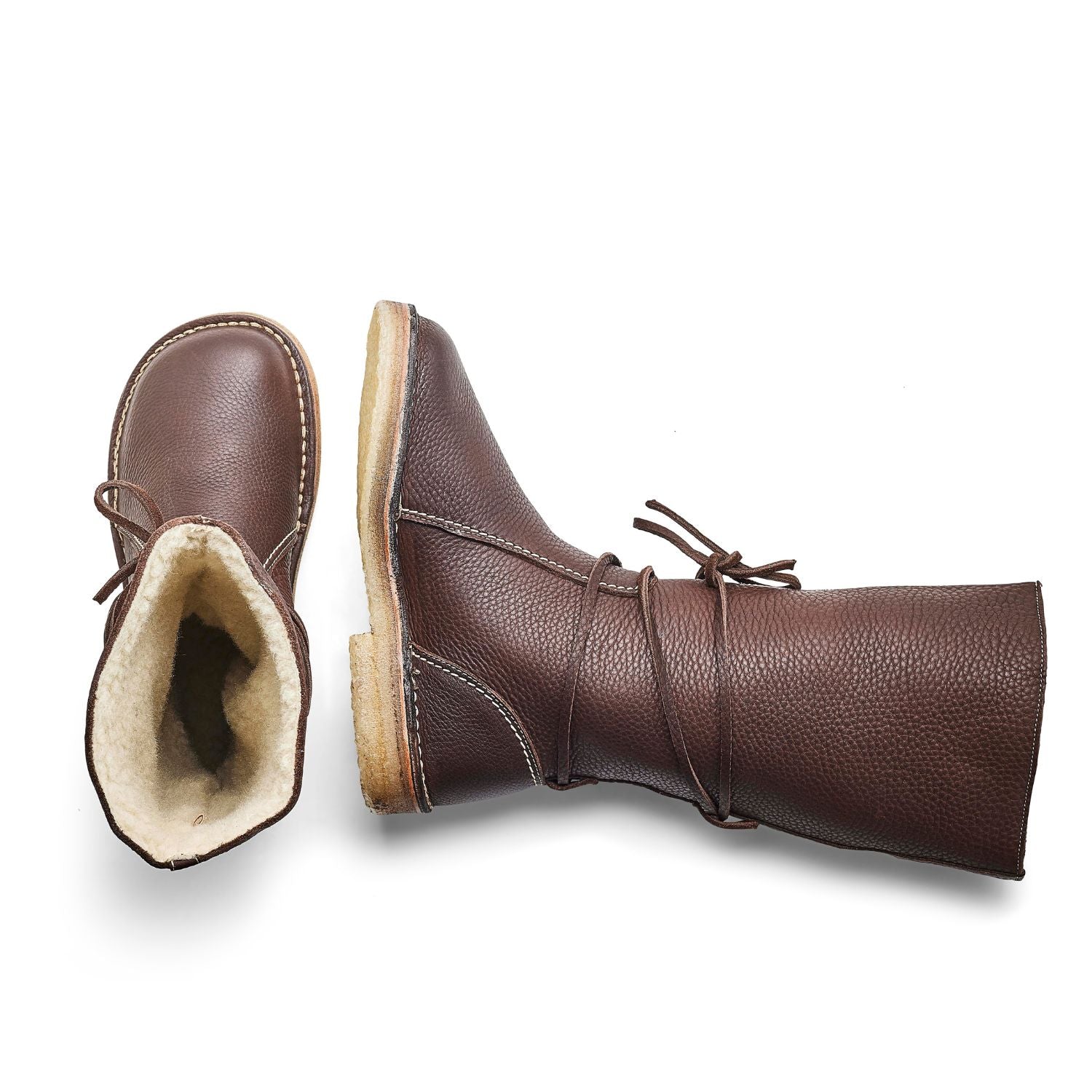 Duckfeet Silkeborg Choco wool-lined pull-on leather boot, top and inner side view on white background