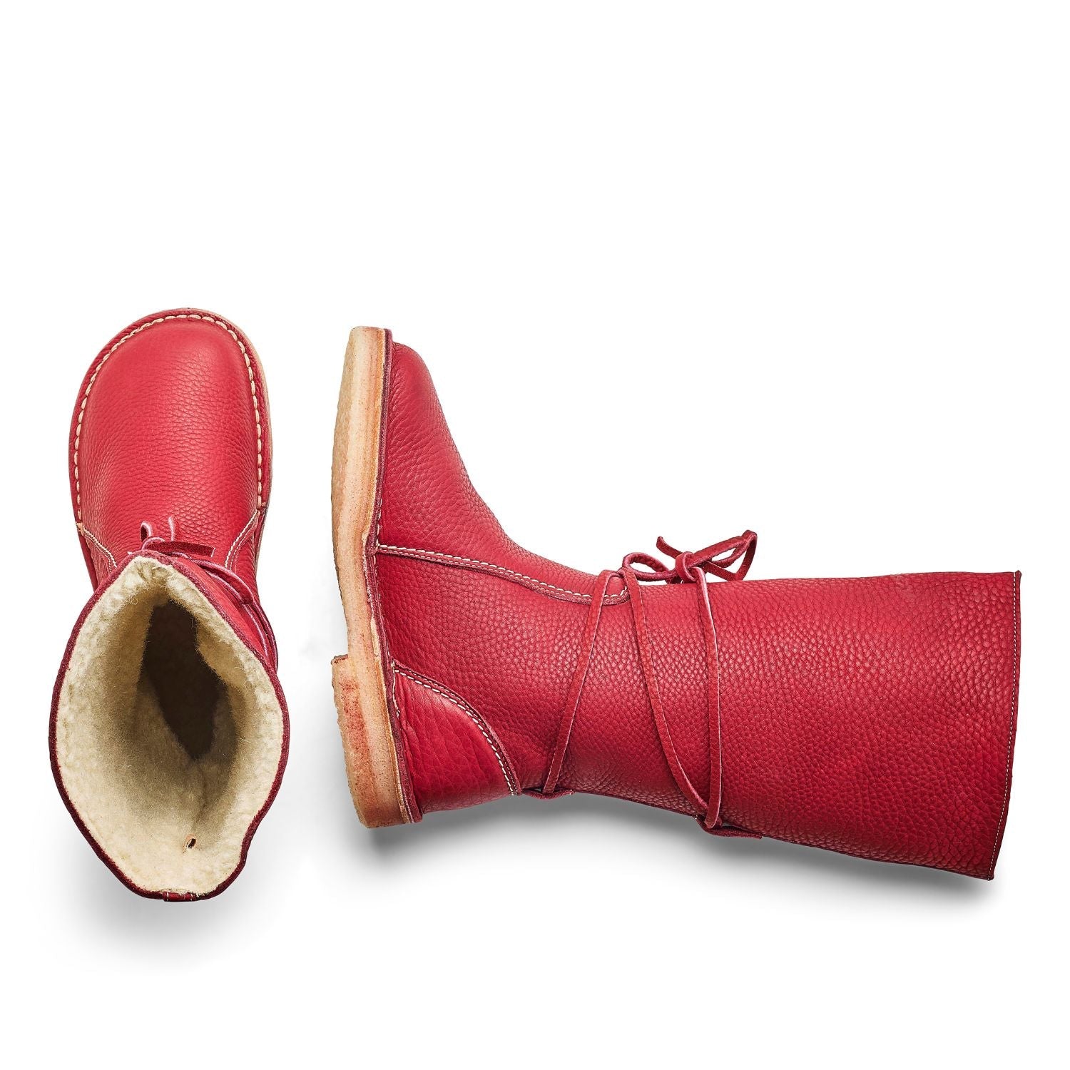 Duckfeet Silkeborg Granate wool-lined pull-on leather boot, top and inner side view on white background