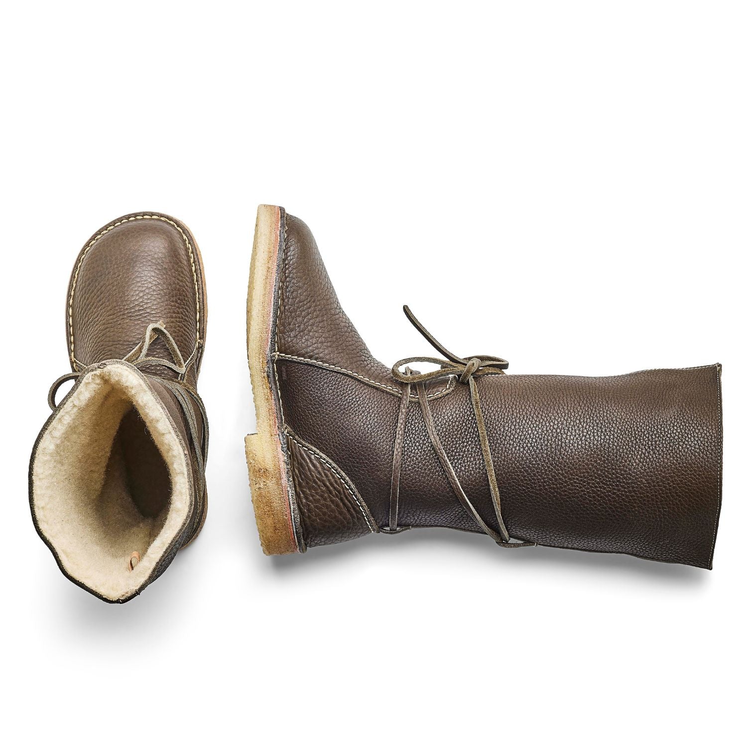 Duckfeet Silkeborg Olive wool-lined pull-on leather boot, top and inner side view on white background
